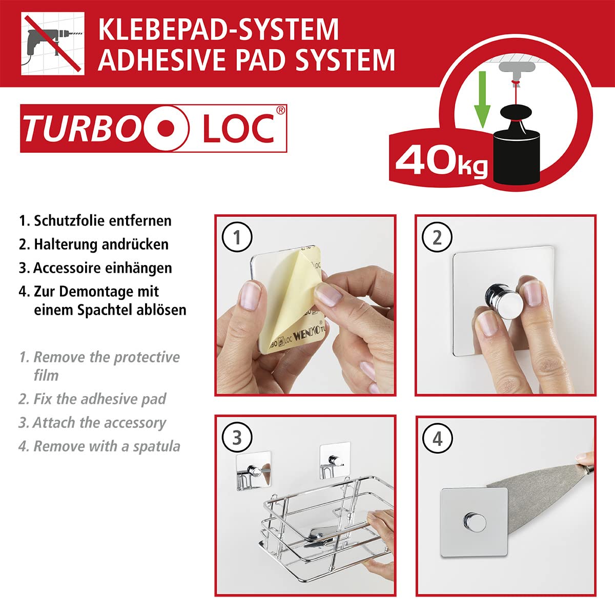 Wenko Turbo-Loc® Quadro Stainless Steel Shower Squeegee - No Drill Bathroom Window Cleaner, Rustproof Chrome Finish (23 x 17.5 x 5 cm) - Perfect for Glass Doors, Tiles & Mirrors