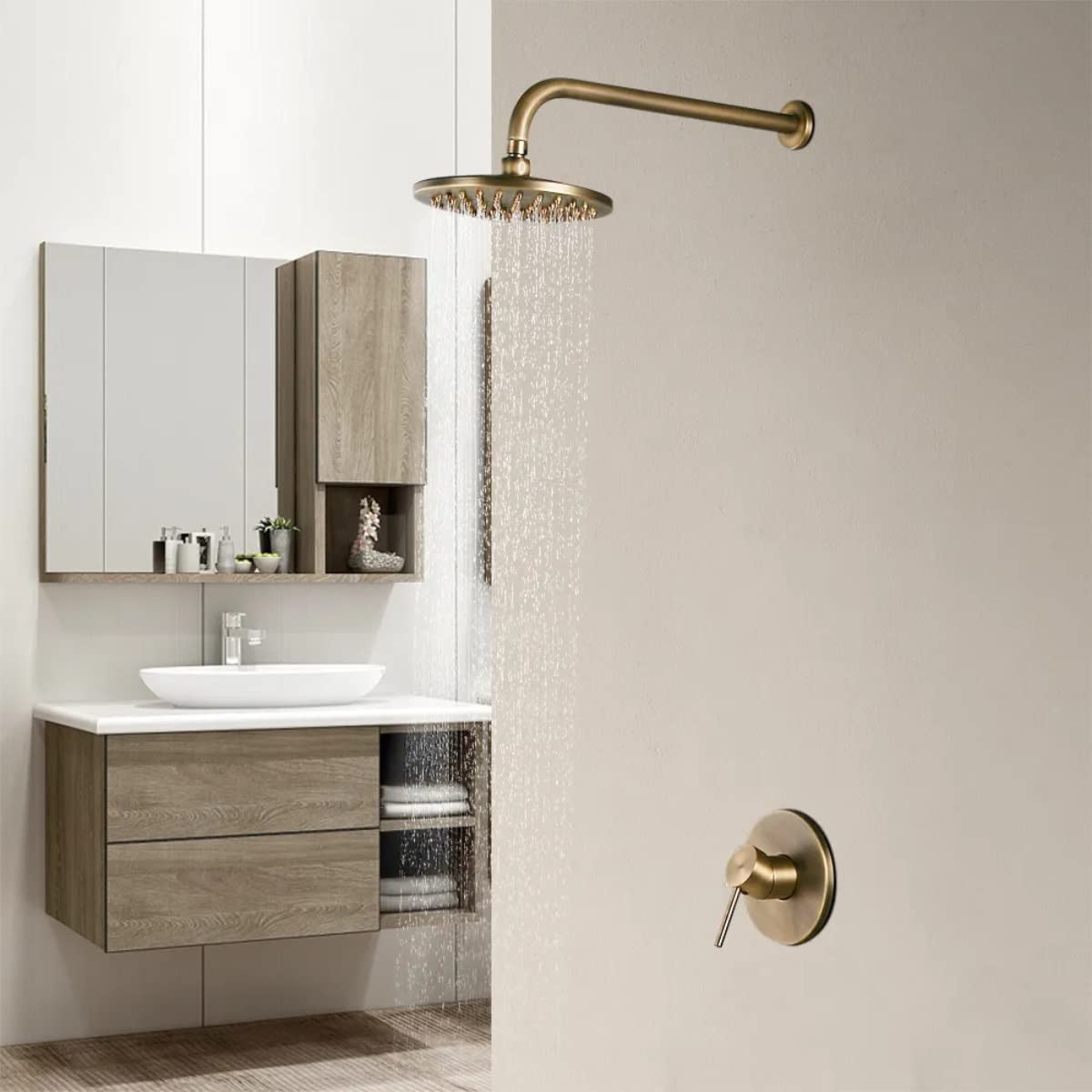 Antique Brass Rain Shower Head Set - 8 Inch Wall Mounted Waterfall Shower System with Concealed Valve & Trims for Luxurious Bathroom Upgrade | Perfect for Spa-Like Experience & Modern Home Decor