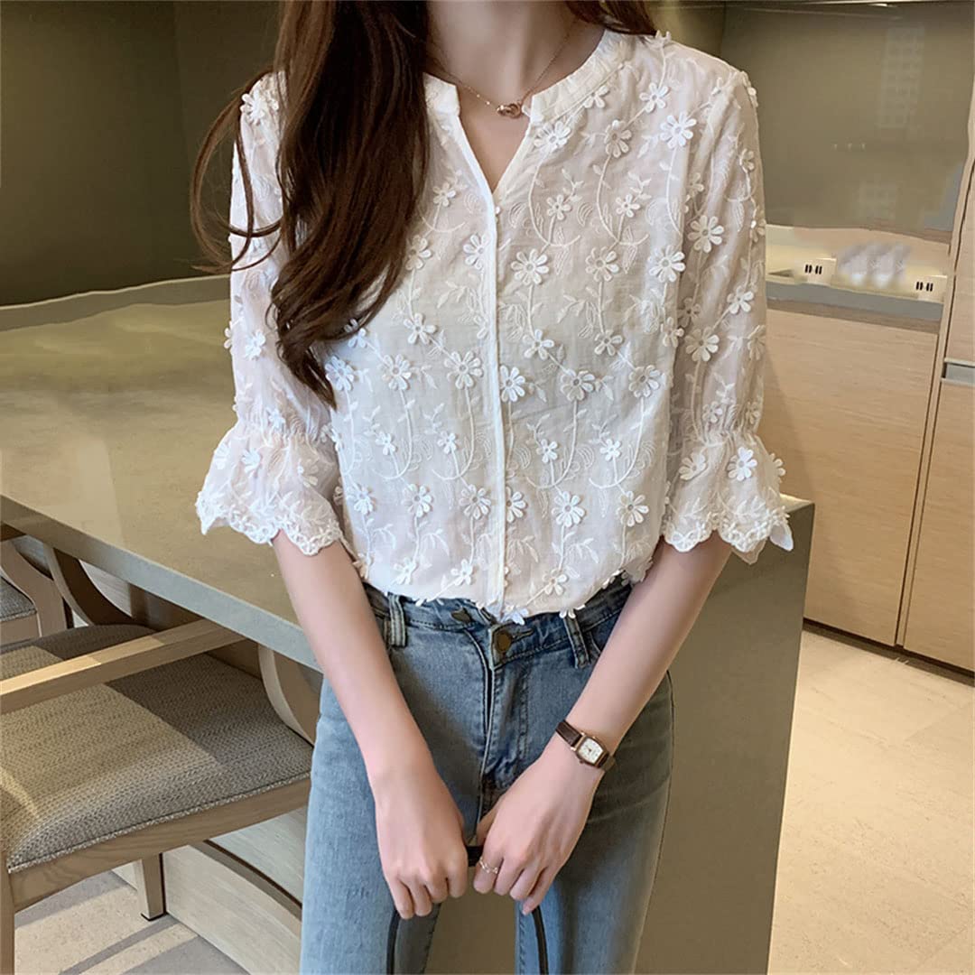 Women's Crochet V-Neck 3/4 Sleeve Boho Blouse with 3D Floral Embroidery - Loose Casual Tunic Top in White - Perfect for Beach Outings, Summer Vacations & Boho Chic Style