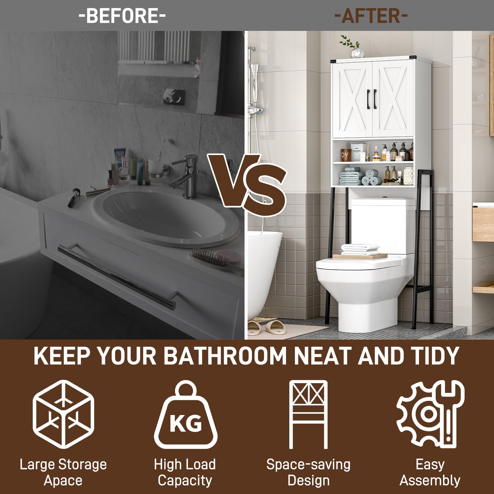 Farmhouse Over The Toilet Storage Cabinet with 2 Barn Doors - Space-Saving Metal Frame Bathroom Organizer for Toiletries, Towels & Laundry Supplies - Perfect for Small Bathrooms, Powder Rooms & Laundry Areas