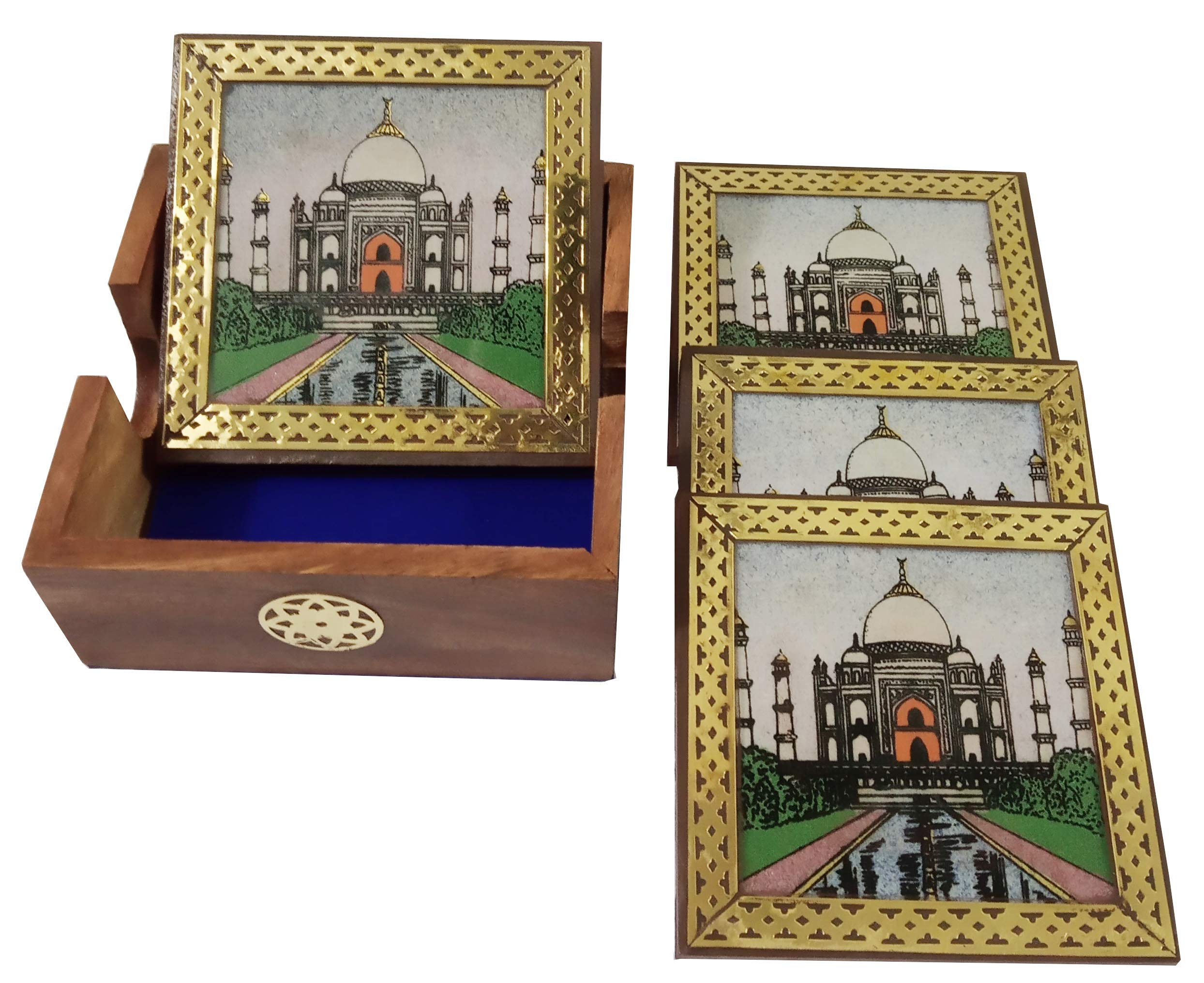 Purpledip Pinewood Gemstone Coasters Set of 6 - Handcrafted Taj Mahal Design - Natural Stone Drink Coasters for Home Decor, Coffee Table, and Party Use