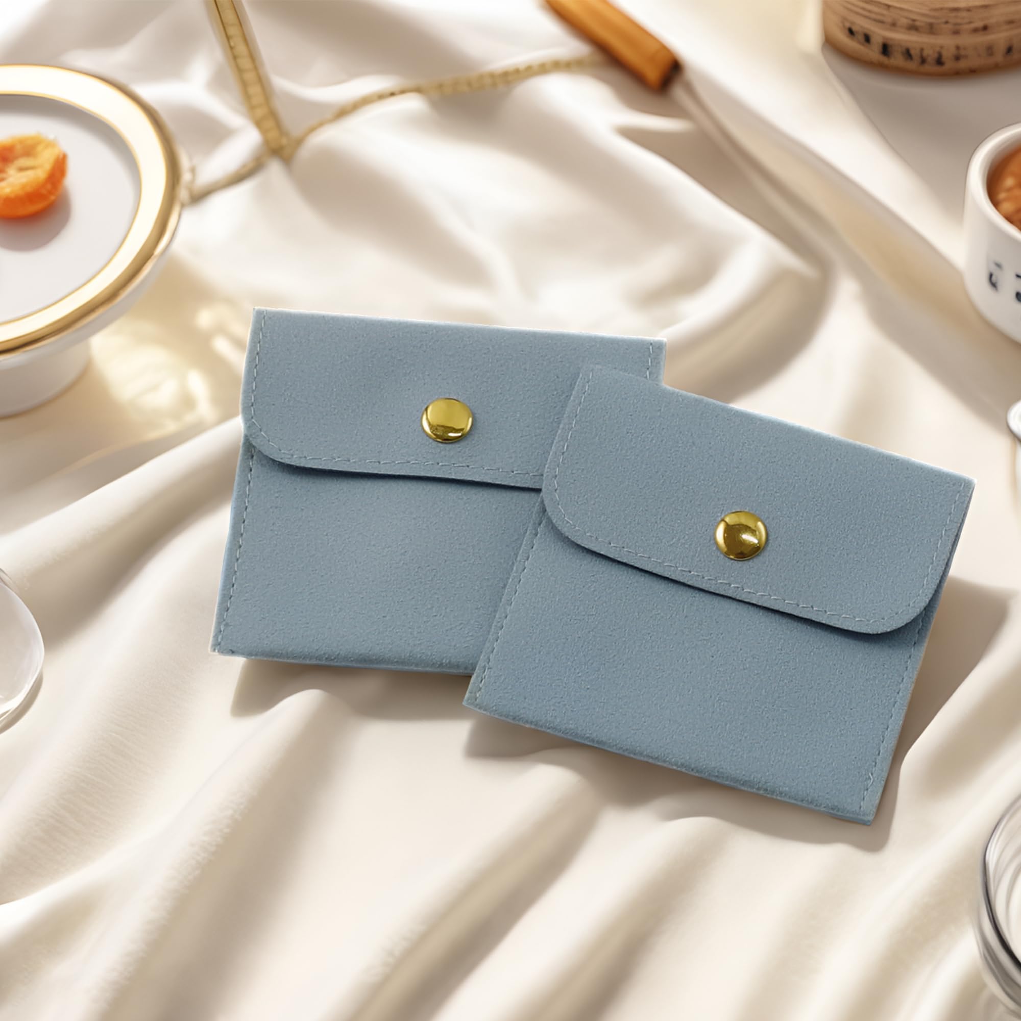 40-Piece Blue Microfiber Jewelry Pouches with Button Closure (8x8cm) - Luxury Small Gift Bags for Earrings, Necklaces, Bracelets & Rings - Perfect for Jewelry Packaging, Wedding Favors & Retail Displays