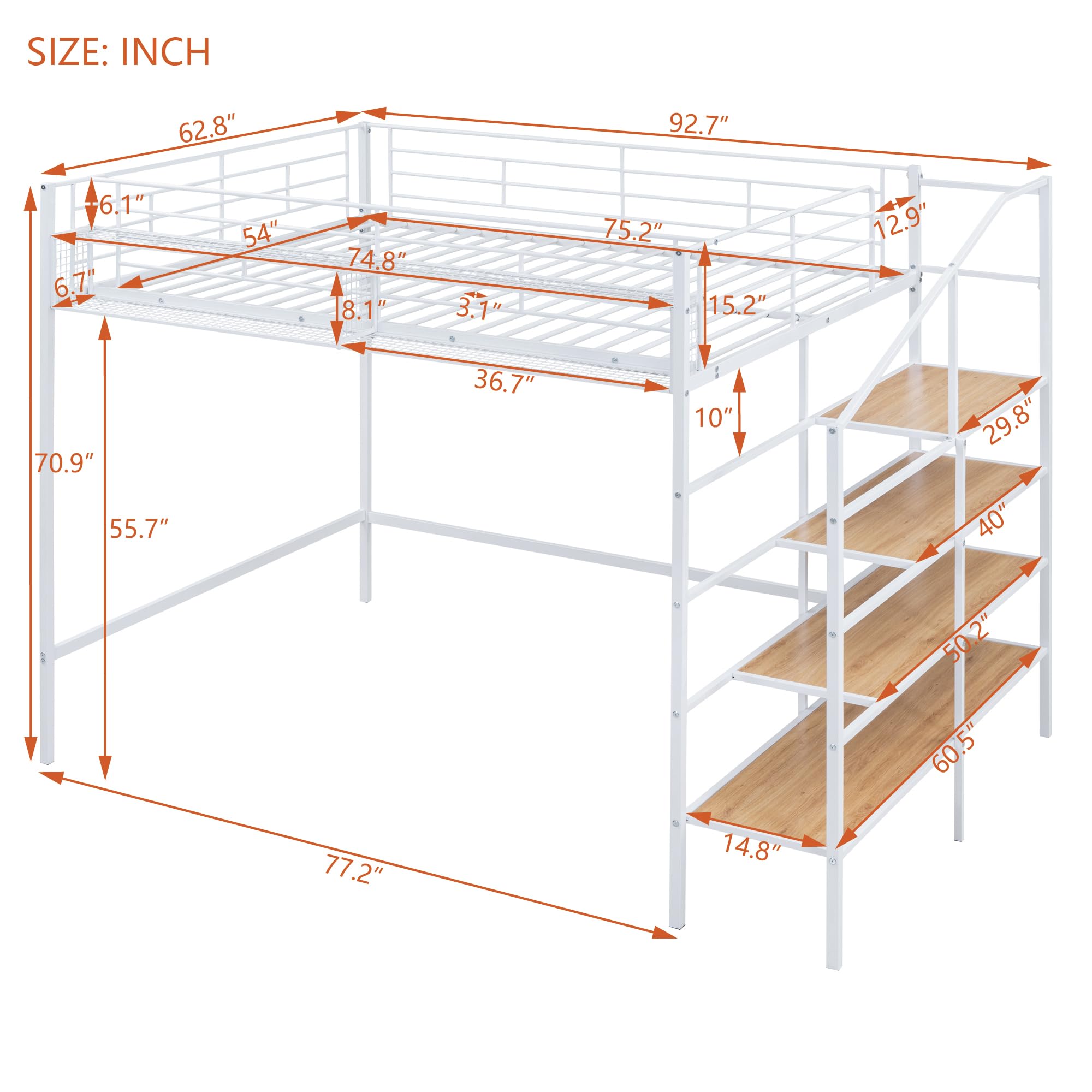 Full Size Loft Bed with Stairs - Heavy Duty Metal Loft Bed Frame with Storage Steps & Grid Shelf - Sturdy High Loft Bed for Kids, Teens & Adults - Perfect for Small Spaces, Dorms & Apartments (White)