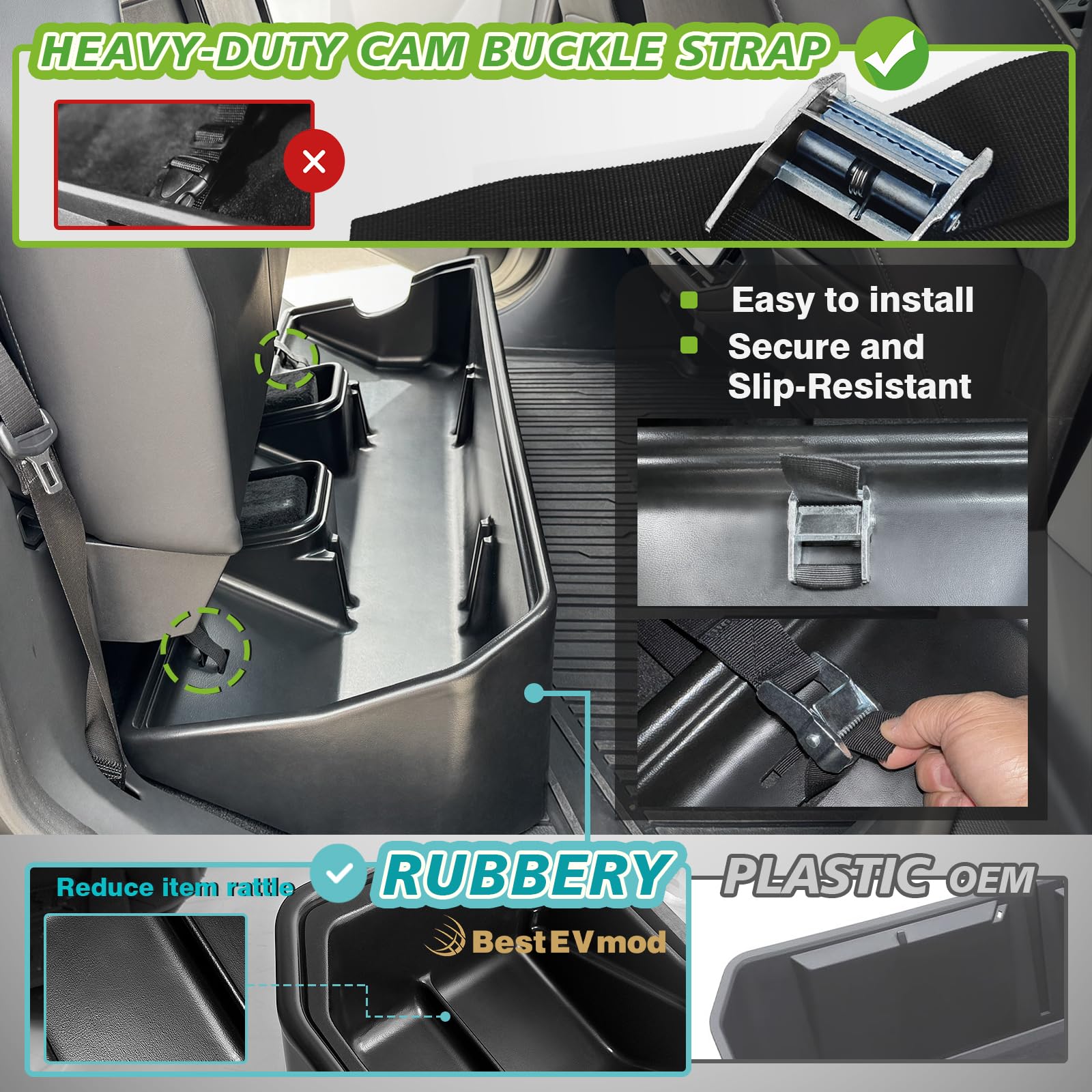 BestEvMod Tesla Cybertruck 2024+ Rear Underseat Storage Organizer - Removable Hidden Storage Box & Tray for Second Row | Perfect for Road Trips, Camping & Vehicle Organization