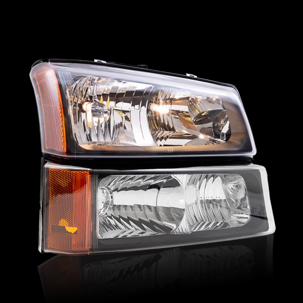 Brock Replacement Performance Headlights & Parking Signal Lights with Black Bezel for 2003-2006 Chevy Avalanche & Silverado Pickup Trucks - Upgrade Your Night Driving Safety & Style