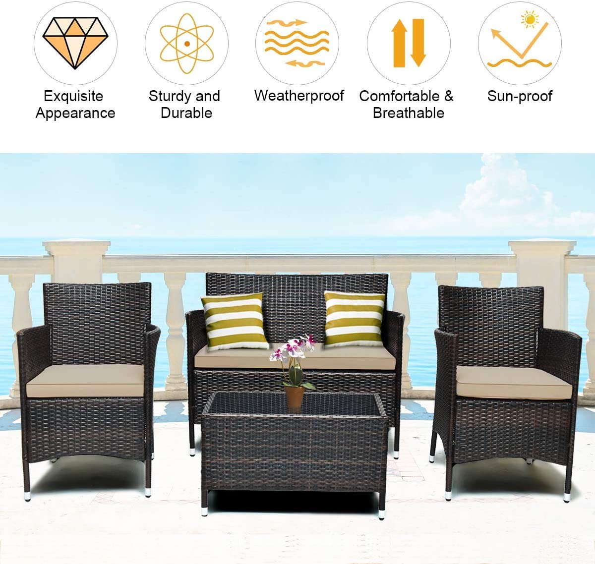 LUARANE 4-Piece Rattan Patio Furniture Set - Outdoor Wicker Sofa with Cushions & Tempered Glass Coffee Table - Brown Garden Conversation Set for Lawn, Backyard, Poolside (Perfect for Outdoor Entertaining & Relaxation)