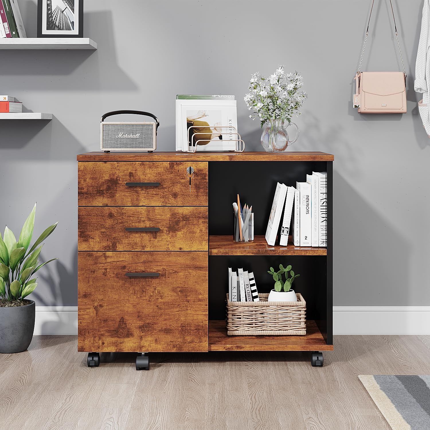 Wooden 3-Drawer Mobile Lateral File Cabinet with Wheels - Rolling Printer Stand with Open Storage Shelves for Home Office, Office Organization & Document Storage (Natural Wood Finish)