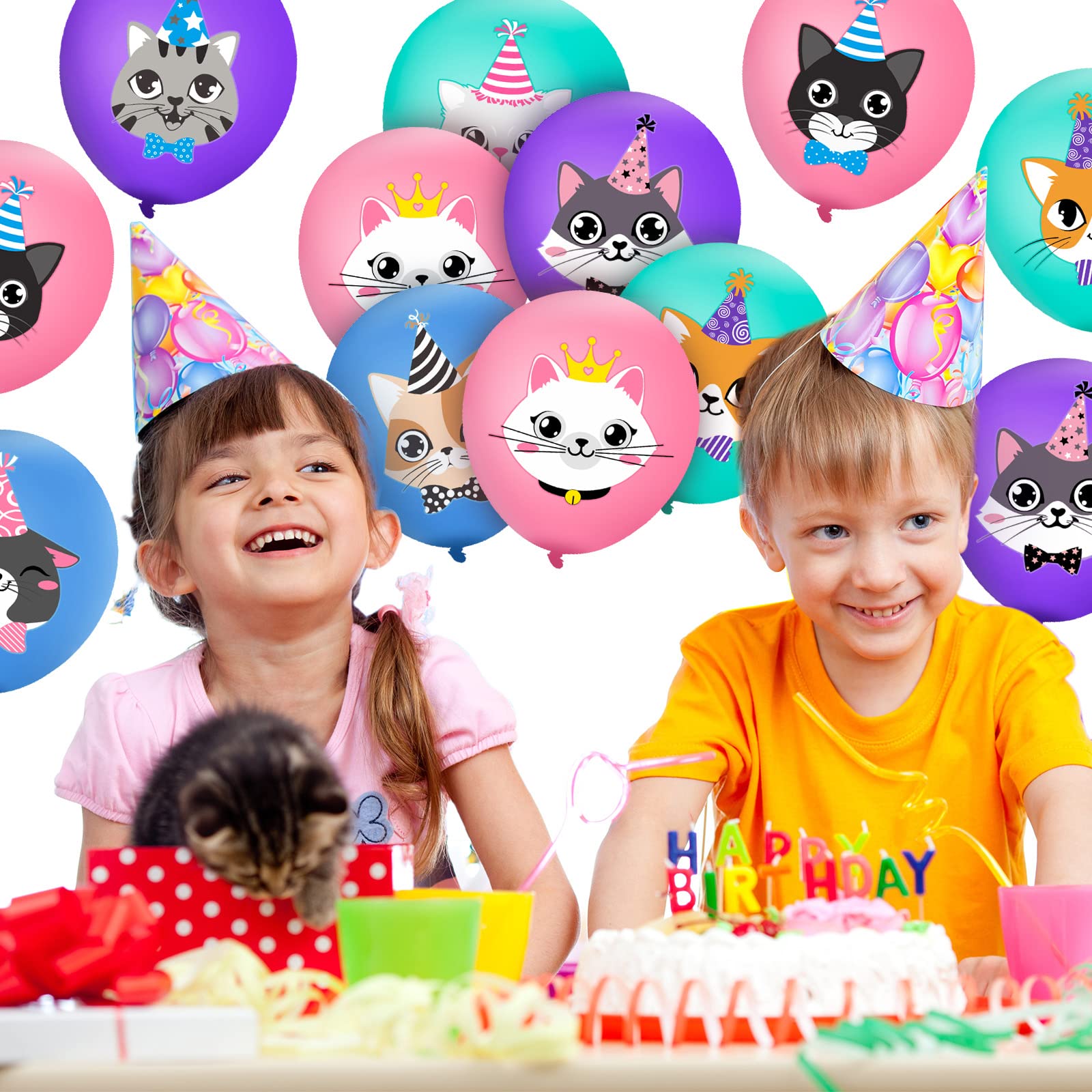 40 Pcs Cat Birthday Party Latex Balloons - Cute Cartoon Kitten Print Balloons for Cat Themed Decorations, Pet Birthday Party Supplies in Blue, Pink, Purple & Green | Perfect for Kitty Birthday Parties, Baby Showers & Animal Lover Events