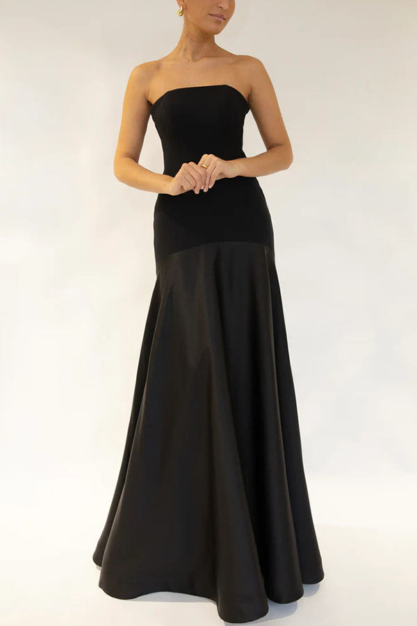 Timeless Elegance Satin Patchwork Strapless Flare Gown Maxi Dress for Women | Formal Evening Gown for Prom, Wedding, Red Carpet Events