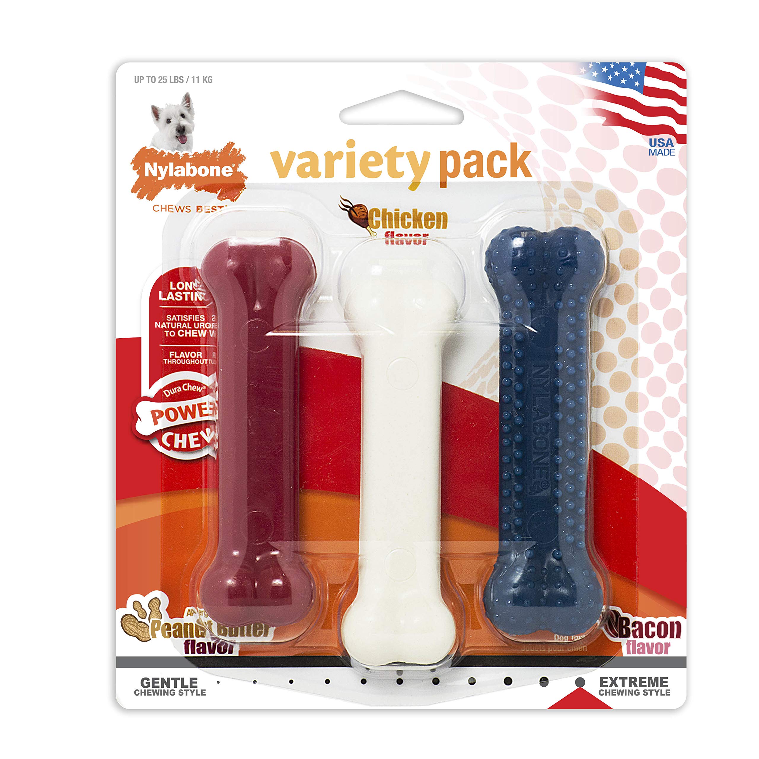 Nylabone Power Chew Triple Pack - Chicken, Bacon & Peanut Butter Flavored Dog Chew Toys (3 Count) for Small & Medium Dogs - Durable Dental Chews for Aggressive Chewers, Puppy Teething & Playtime