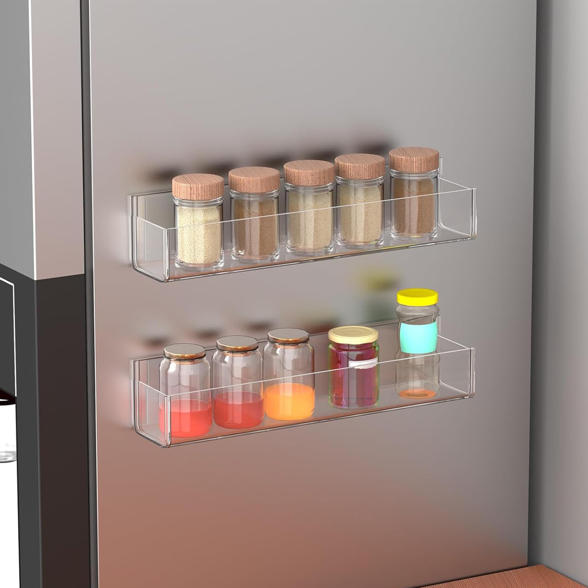 PMMASTO Clear Acrylic Spice Rack Organizer - 2 Pack with Nano Double Sided Tape | Wall Mount Kitchen Cabinet & Pantry Door Storage | Perfect for Spice Jars, Seasoning Bottles & Small Kitchen Essentials