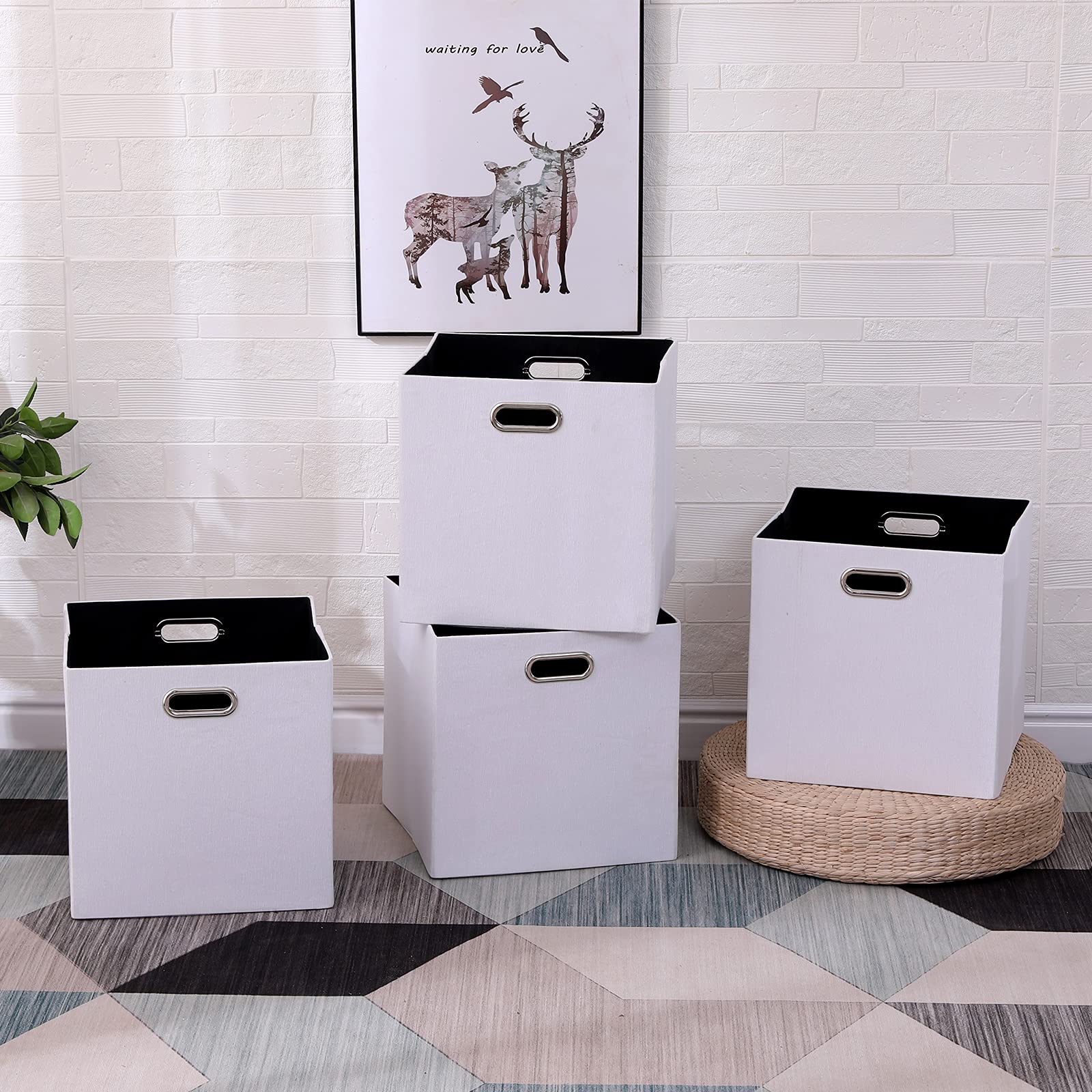Foldable Cube Storage Bins Set of 4 - 13×13 Inch Large Capacity Polyester Organizer Baskets with Handles for Closet, Shelf, Cabinet, Bookcase & Bedroom Organization - Perfect for Home, Office & Kids Room Storage (White)