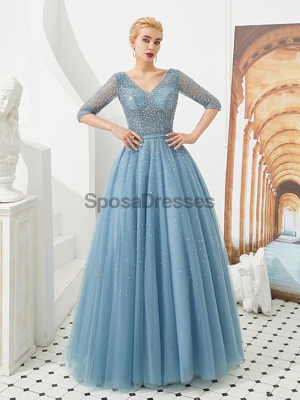 Elegant Blue Beaded Long Sleeve A-Line Prom Dress for Evening Parties & Formal Events | Perfect for Homecoming, Prom Night & Special Occasions