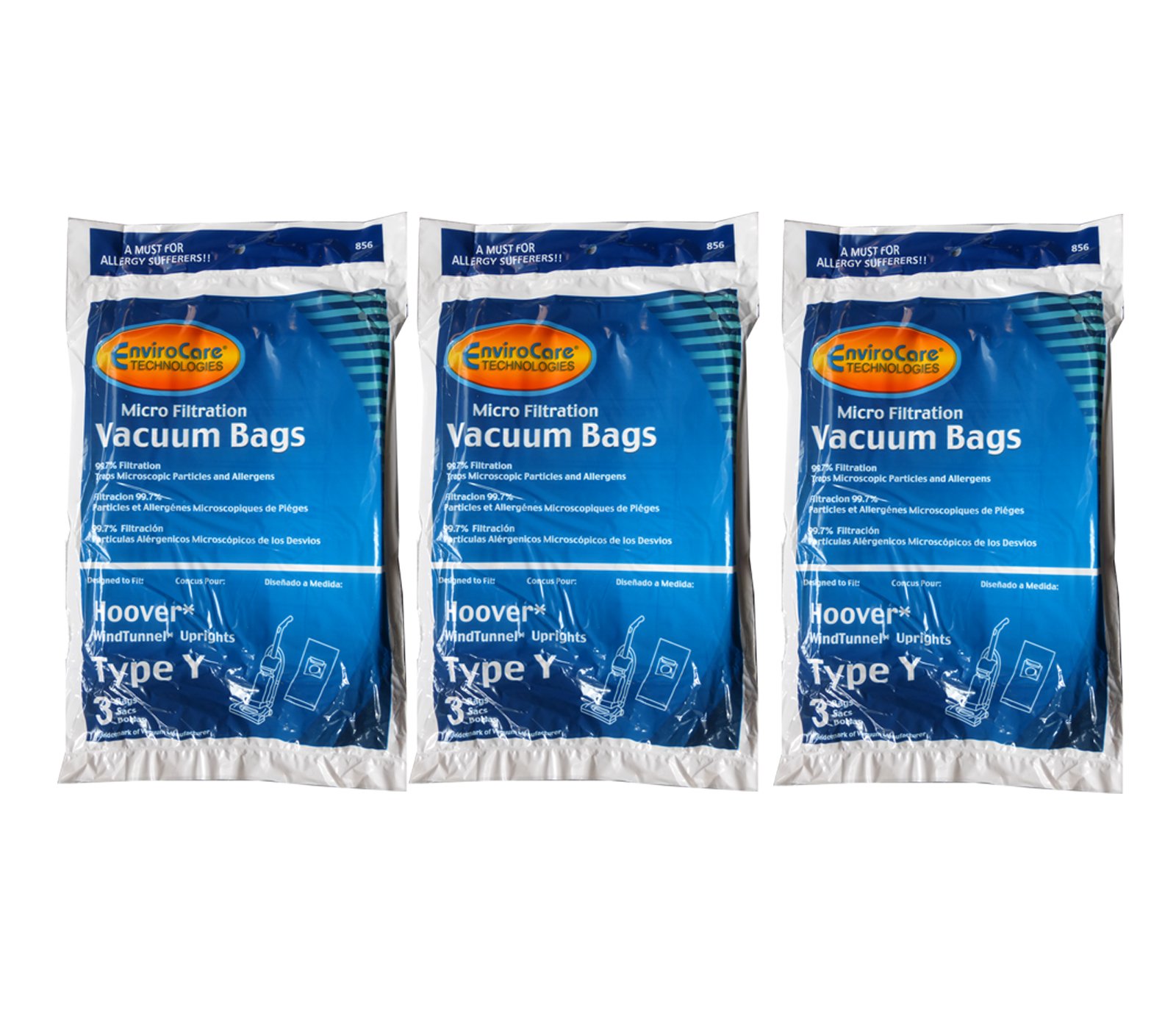 9 Hoover Allergy Vacuum Type Y Bags - Compatible with WindTunnel Upright Vacuum Cleaners (Model 43655109, 4010100Y, 4010801Y) - Perfect for Pet Hair, Dust & Allergen Removal in Homes & Offices
