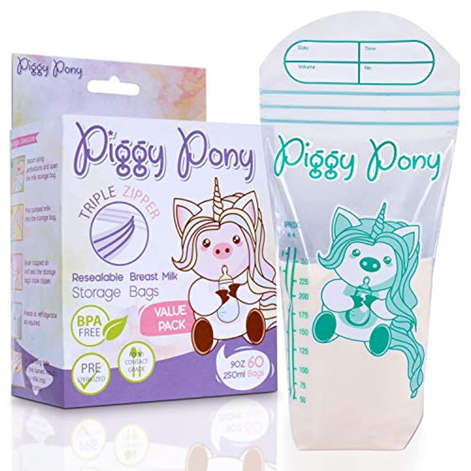 Breastmilk Storage Bags - 60 Pack, 9oz BPA Free Reusable Nursing Pouches with Triple-Zip Freezer Lock, Leak-Proof & Resealable for Breastfeeding Moms - Perfect for Pumping, Storing, and Organizing Breast Milk Safely