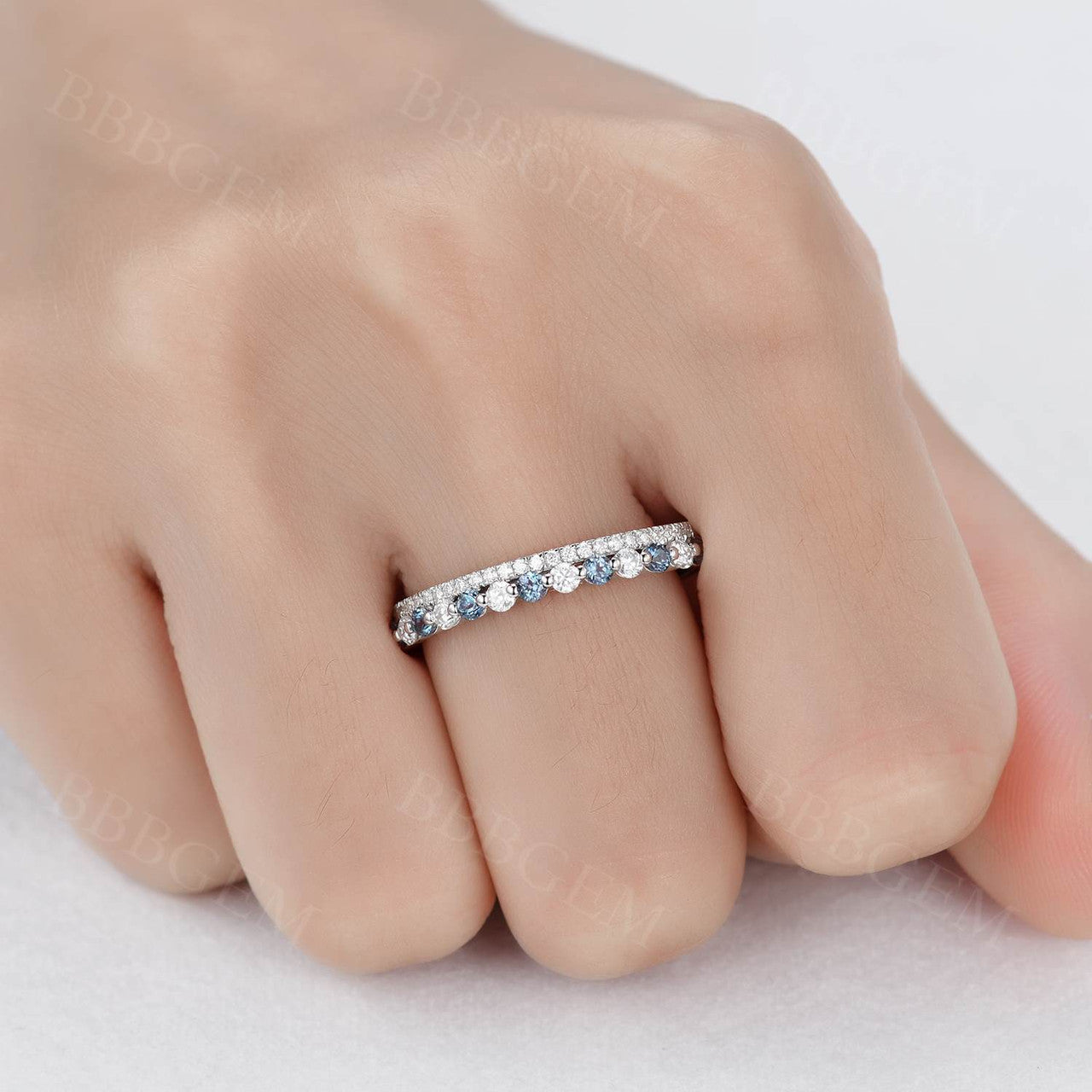 Exquisite Moissanite & Alexandrite Wedding Band in White Gold - Stackable Matching Ring for Women, Perfect for Bridal Sets, Anniversaries & Special Occasions