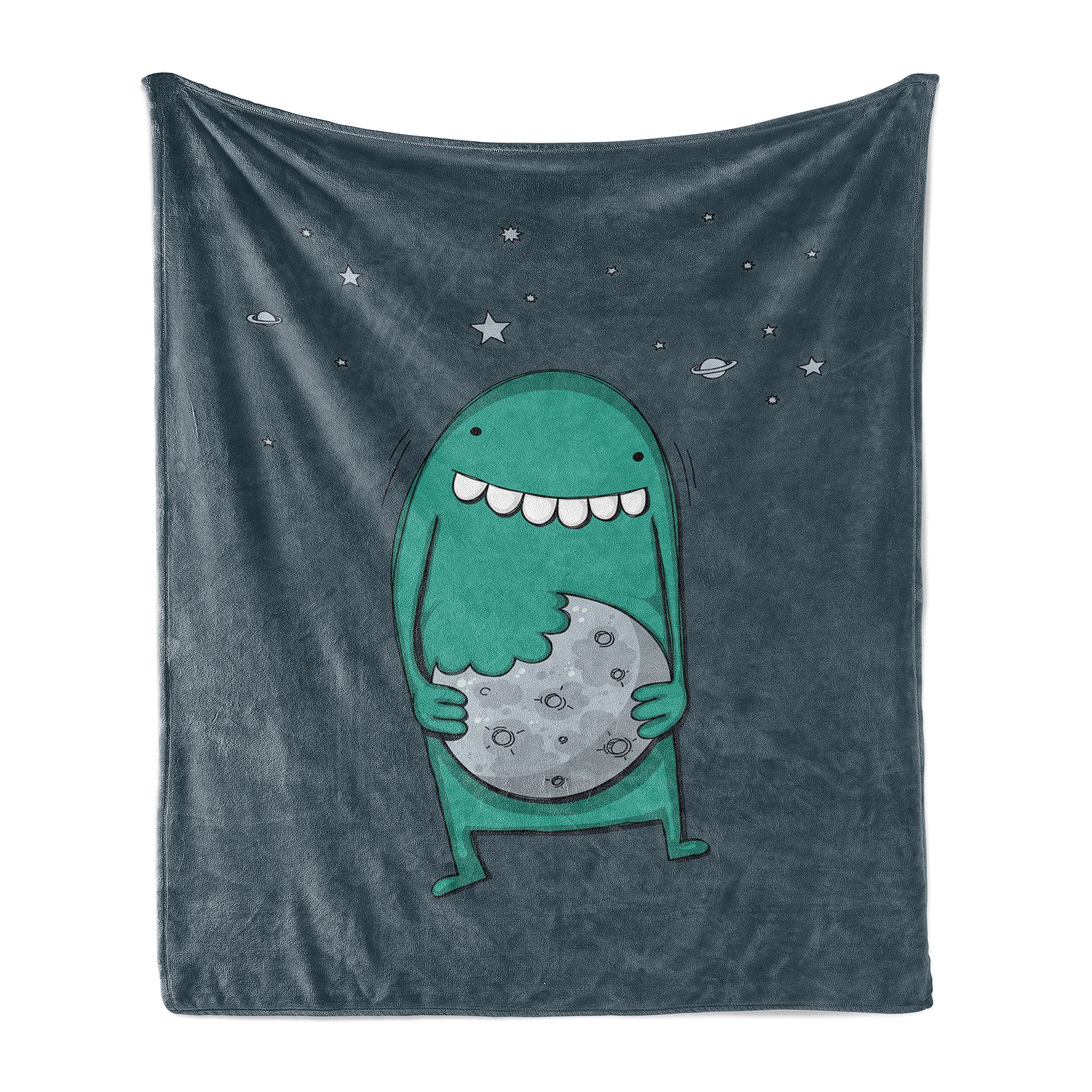Ambesonne Cartoon Monster Fleece Throw Blanket - Soft Flannel Couch Cover for Adults, 50x60 Inches, Slate Blue & Sea Green - Cozy Accent Blanket for Sofa, Bed, or Gift Giving