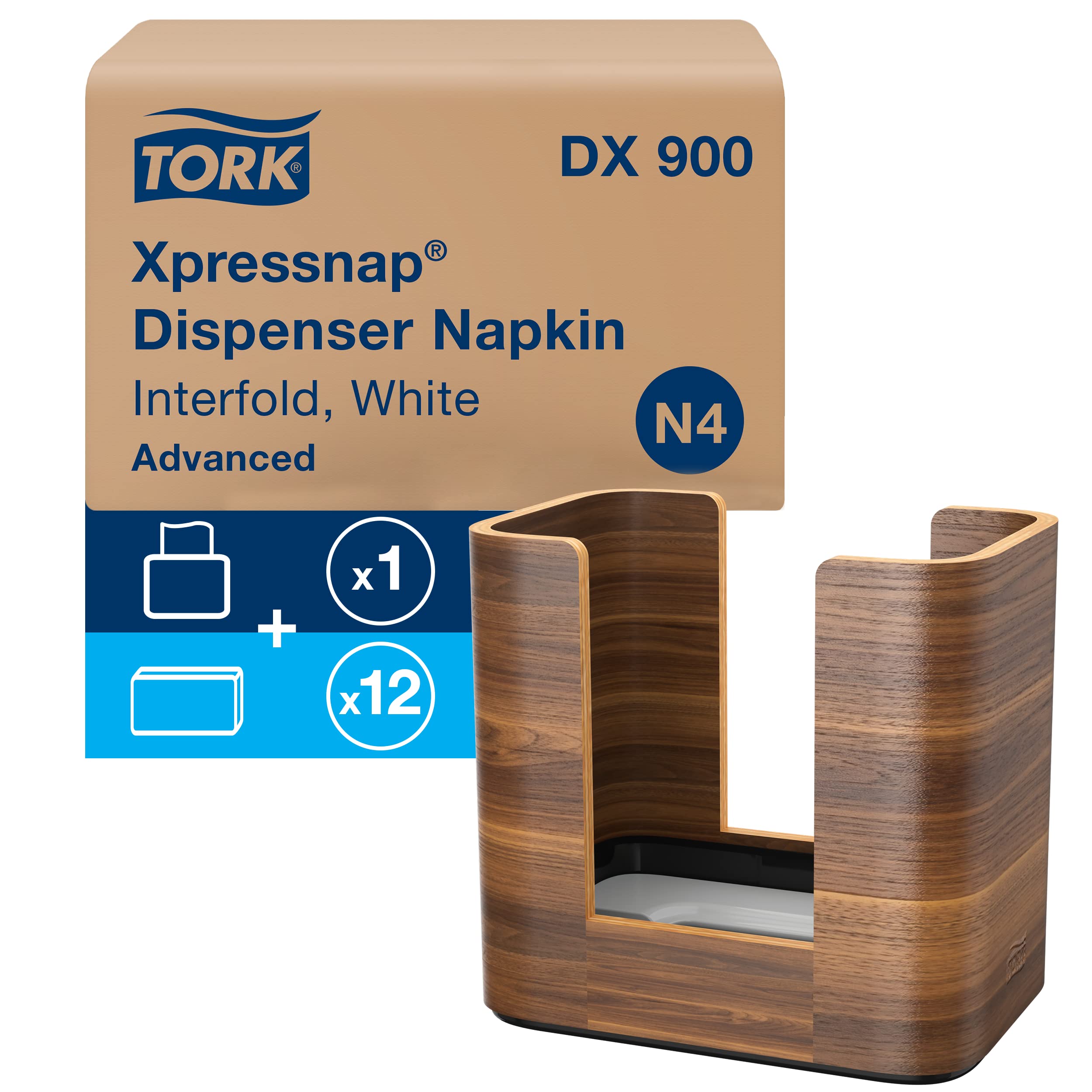 Tork Xpressnap Walnut Tabletop Napkin Dispenser with White Refill - 12 Packs of 500 Premium 2-Ply Napkins for Restaurants, Offices & Catering Events