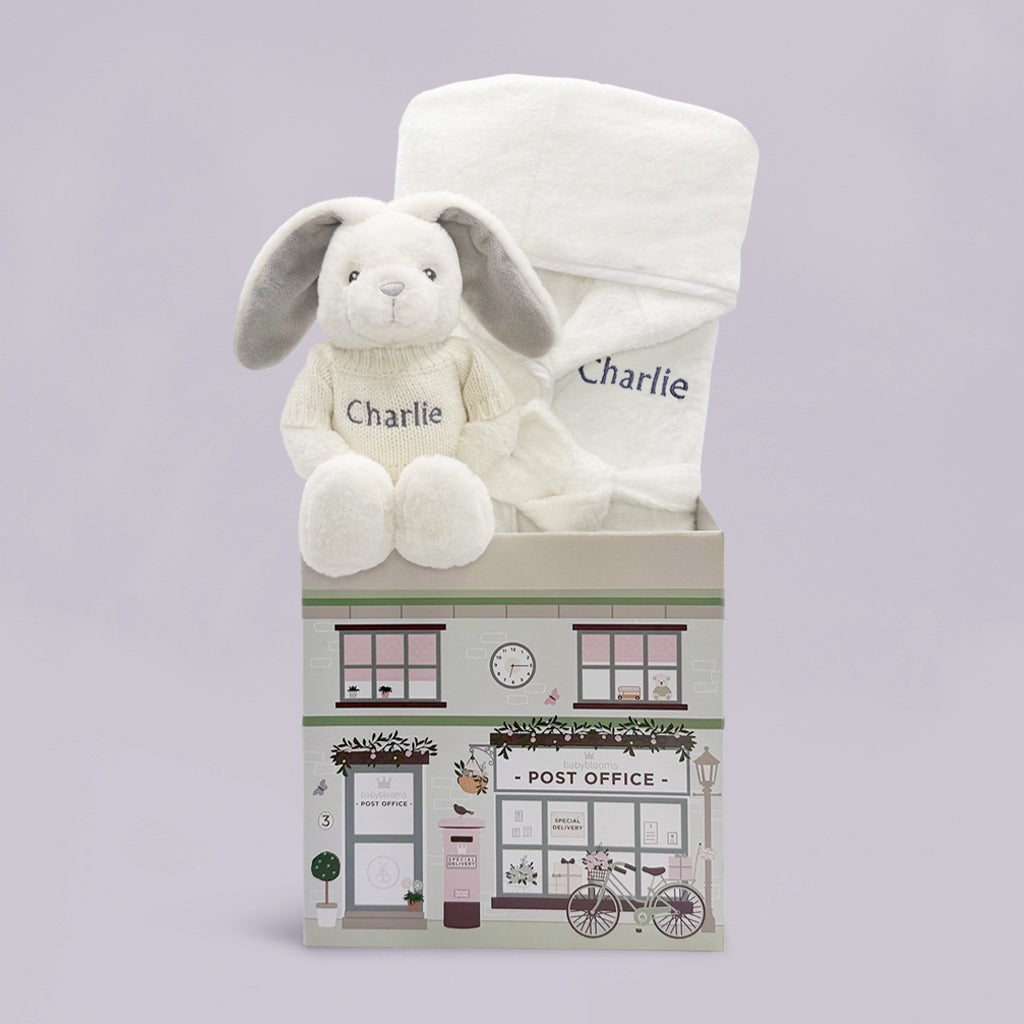 Personalized Baby Bunny Bathrobe Set with Hamper - Grey & White for Newborn to 12 Months | Perfect for Baby Showers, Christenings & First Birthday Gifts