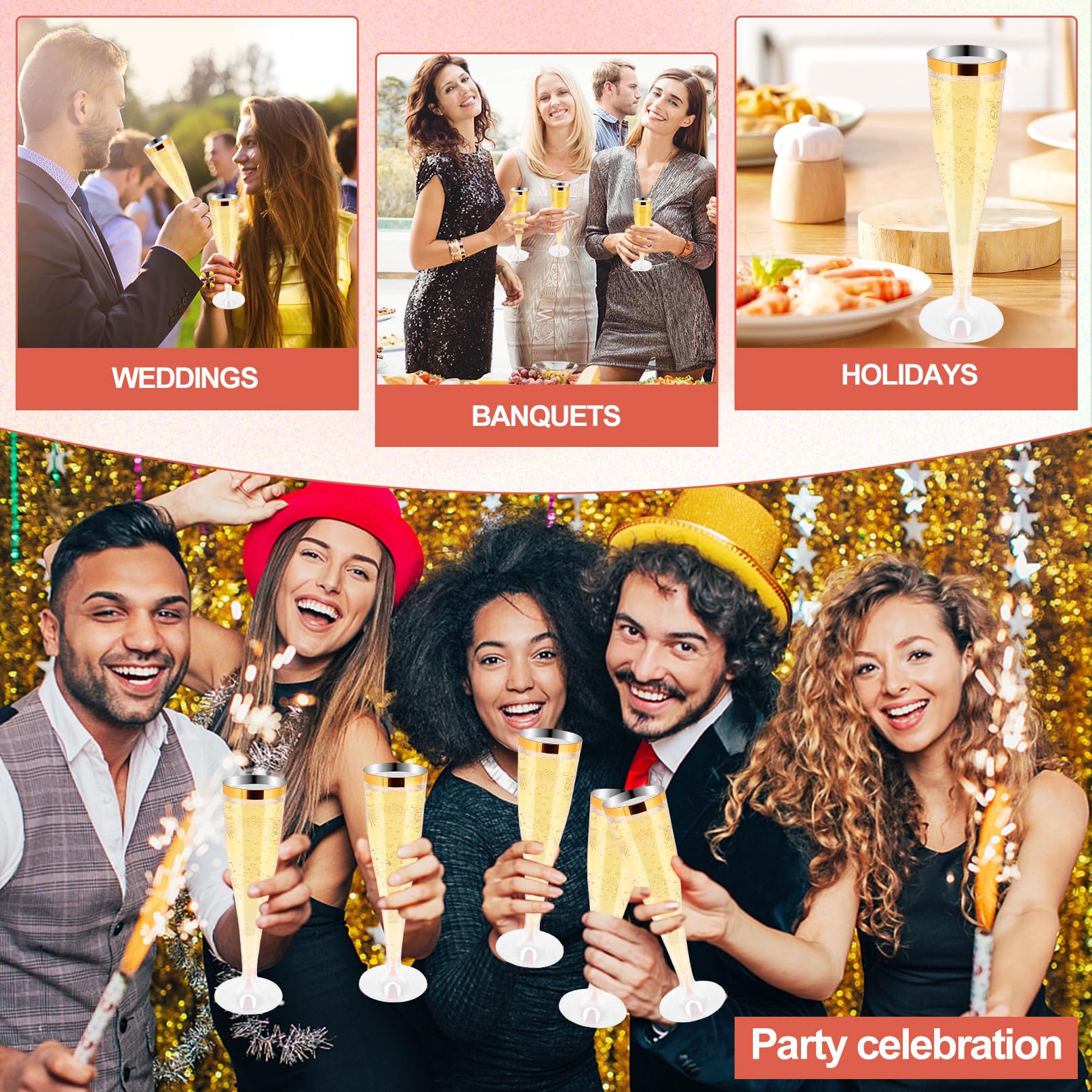 50 Pack Gold Rim Disposable Plastic Champagne Flutes - 4.5 Oz Clear Mimosa Glasses for Wedding, Party & Special Events - Elegant Toasting Cups for Celebrations, Bridal Showers & New Year's Eve