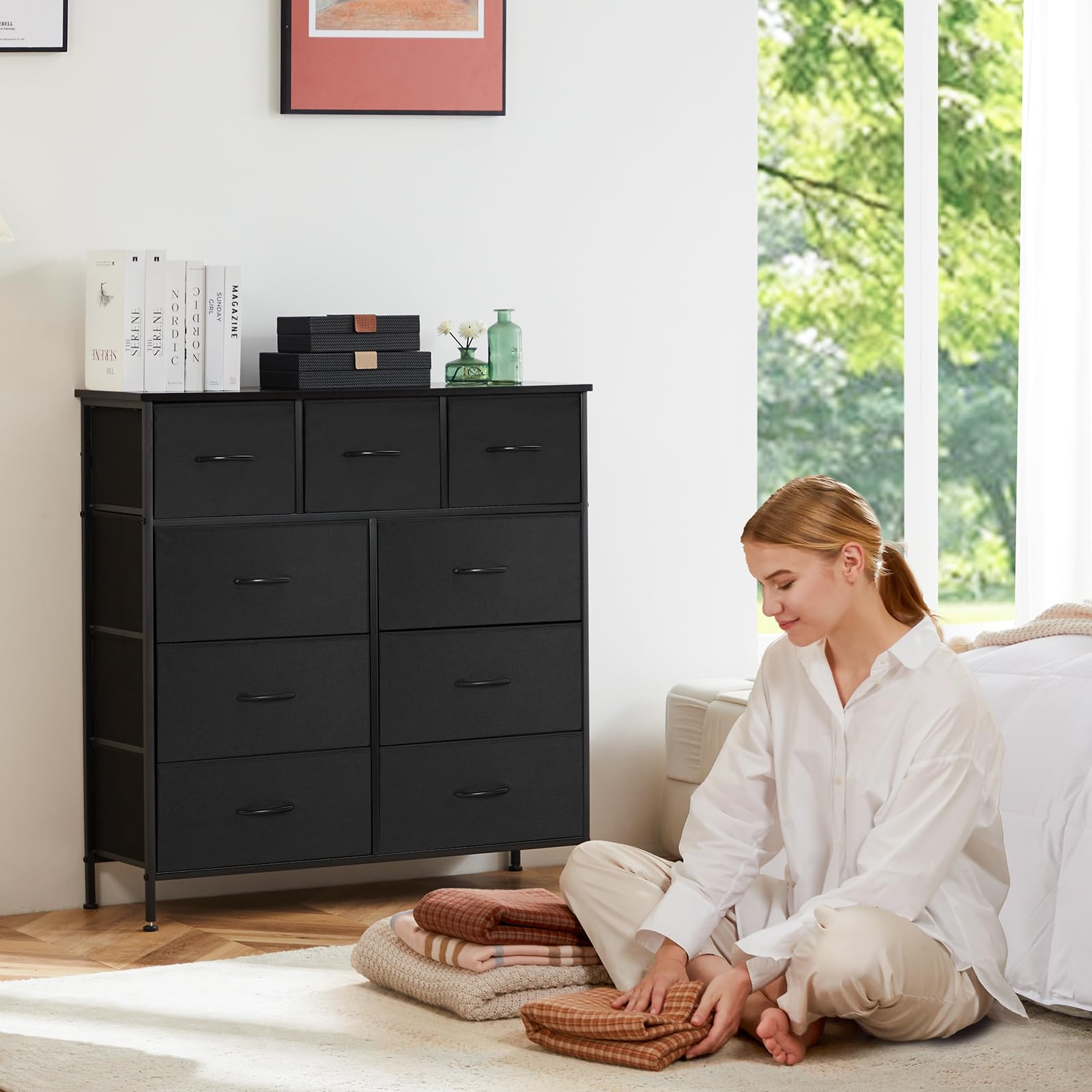Sweetcrispy 9-Drawer Fabric Dresser for Bedroom - Tall Clothing Storage Organizer with Cabinet, Metal Frame & Wooden Top - Lightweight Nursery Furniture in Black - Perfect for Closet, Kids Room & Small Space Organization