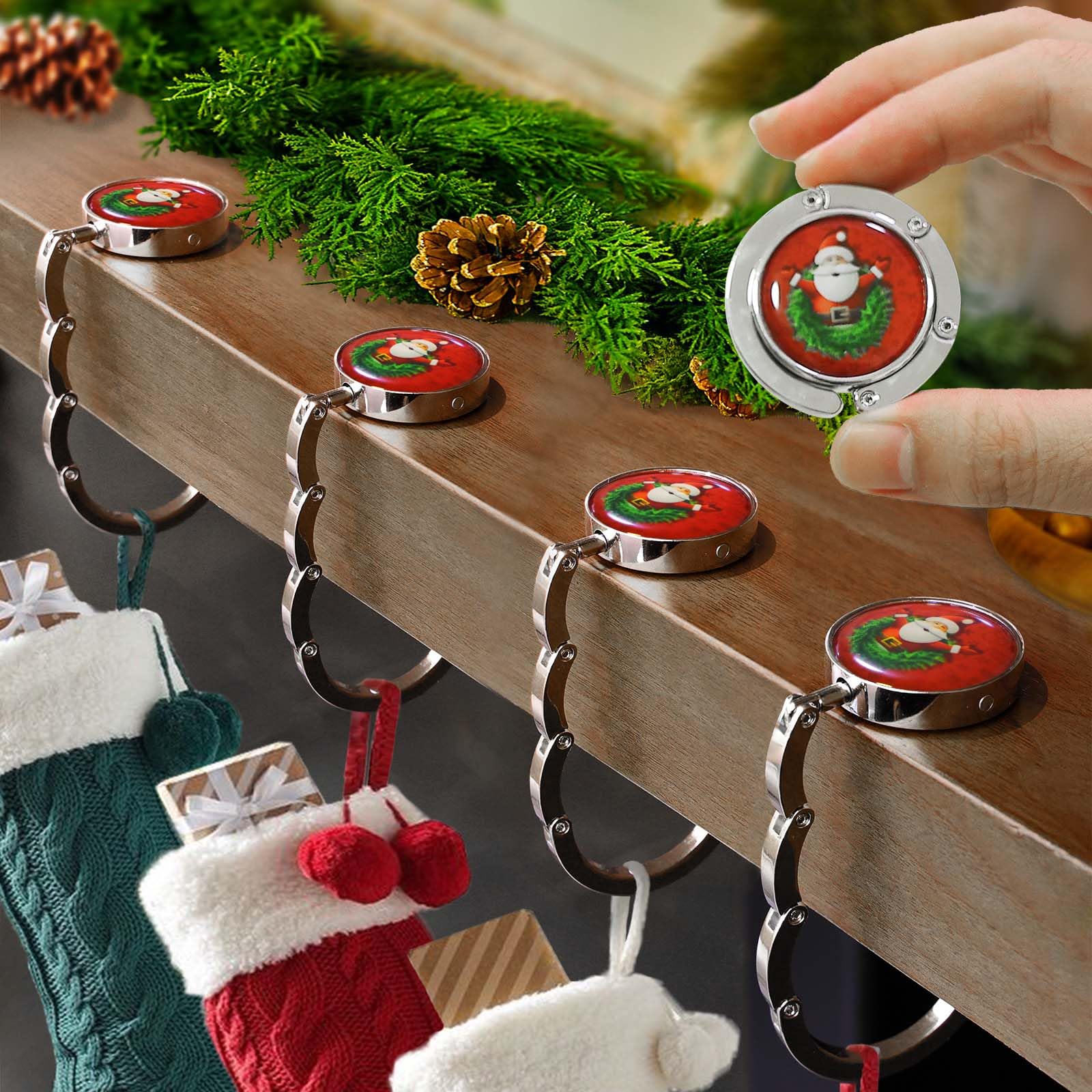 4-Pack Non-Slip Christmas Stocking Holders for Fireplace Mantel - Lightweight Metal Hangers with Flat Weighted Base for Santa Claus Decorations | Perfect for Xmas Party Decor & Holiday Home Decorating