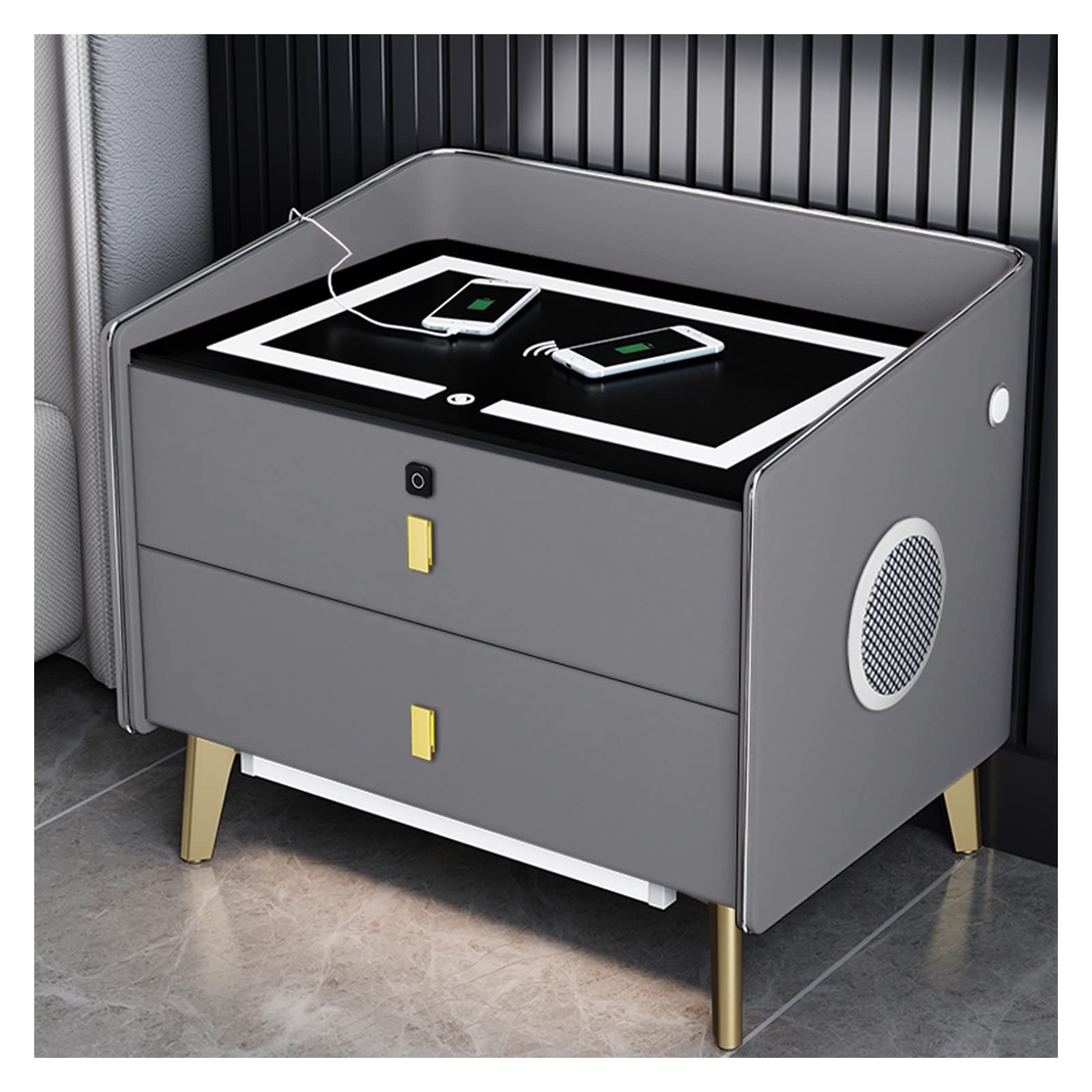 AVLUZ Smart LED Nightstand with Wireless Charging Station, Fingerprint Unlock Bedside Table with Bluetooth Speaker - Modern Gray Storage Cabinet for Bedroom, Living Room & Office - Perfect for Nighttime Reading, Phone Charging & Home Organization