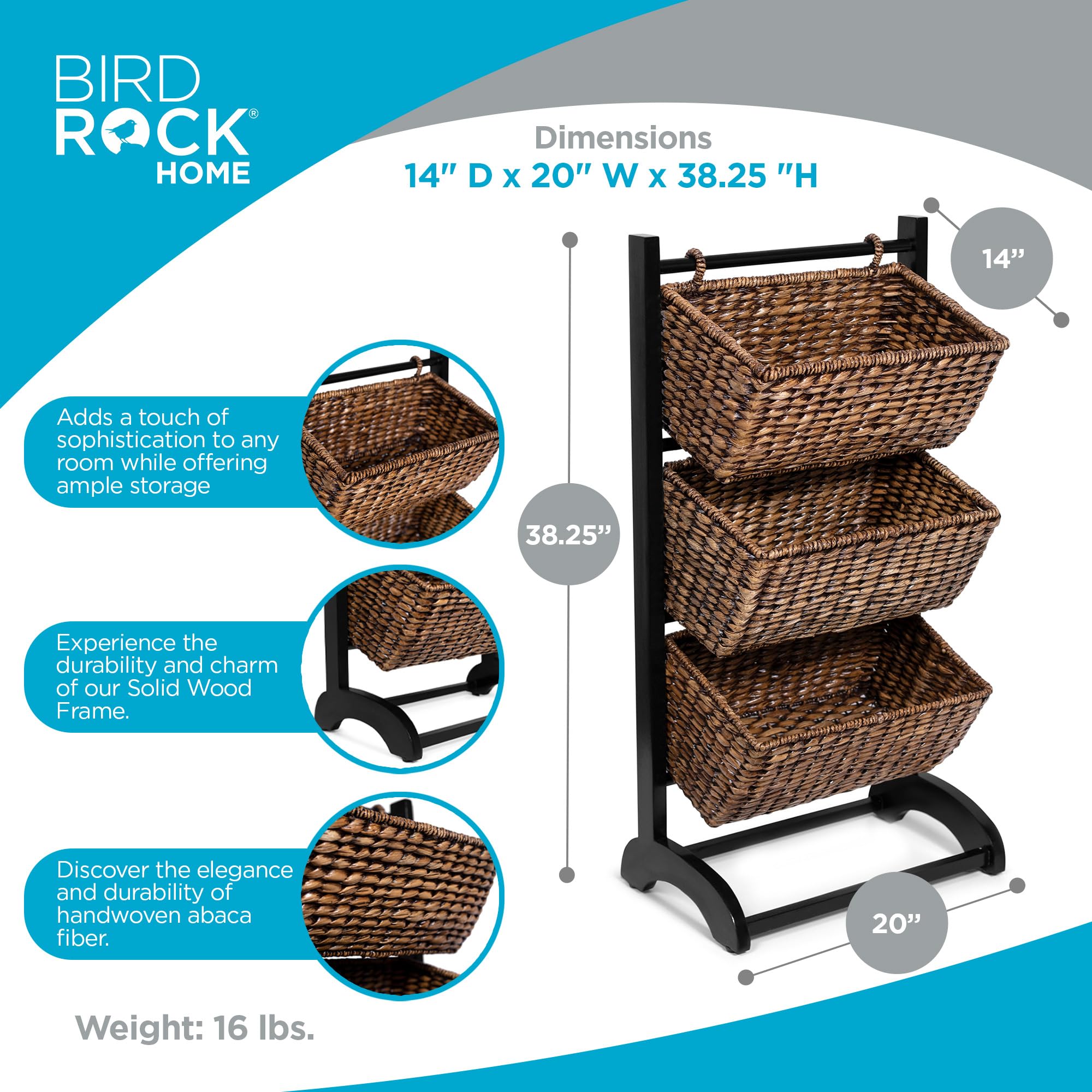 BIRDROCK HOME 3-Tier Storage Shelf with Solid Wood Frame & Handwoven Abaca Baskets - Durable Organizer for Living Room, Bedroom, Kitchen - Natural Brown & Espresso Finish - Perfect for Storing Blankets, Toys, Books & Kitchen Essentials