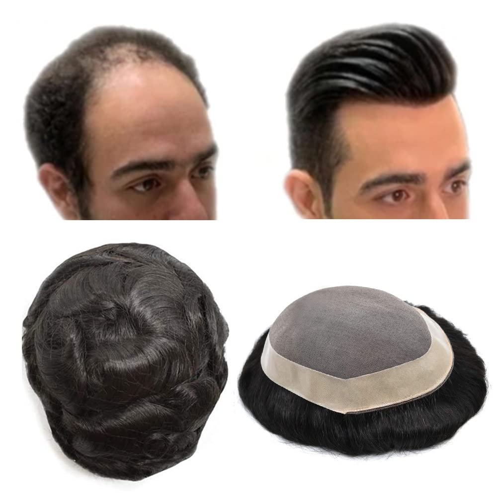 Premium Men's Toupee Hair System - 100% Human Hair, Durable Fine Mono Lace with PU Poly Skin - Medium Density (6