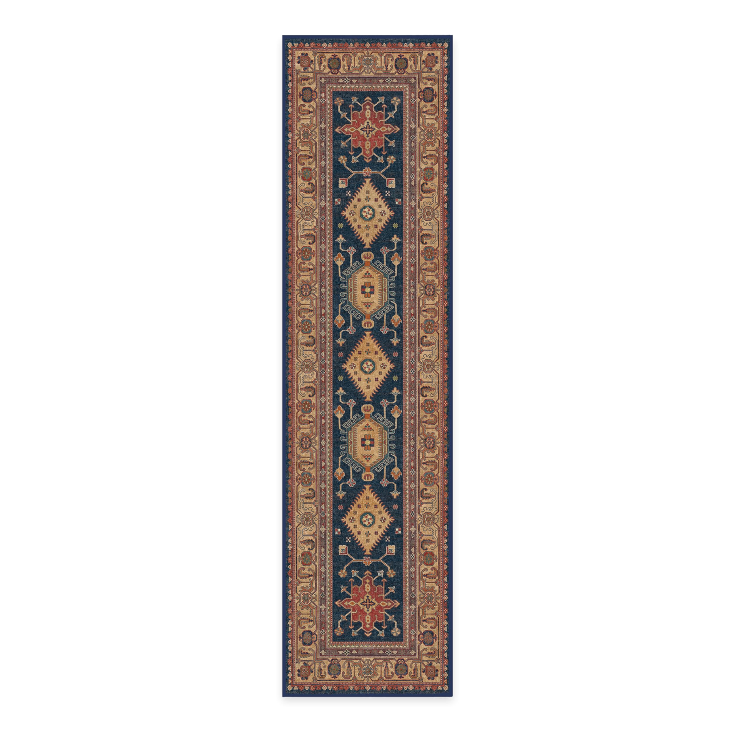 Ruggable Washable 2x10 Runner Rug - Cambria Sapphire Blue Vintage Design | Non-Slip Gripper Pad | Perfect for Hallway, Kitchen, Entryway, Living Room, Bedroom & Office | Easy-Clean Home Decor for High Traffic Areas