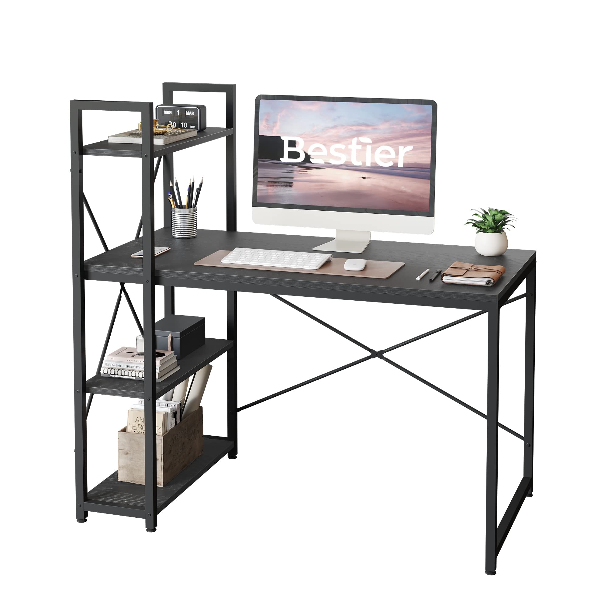 Bestier 47 Inch Computer Desk with Shelves - Sturdy Home Office Desk with Bookshelf for Study, Writing & Work - Spacious Leg Room & Easy Assembly, Black - Perfect for Small Spaces & Home Office Setup