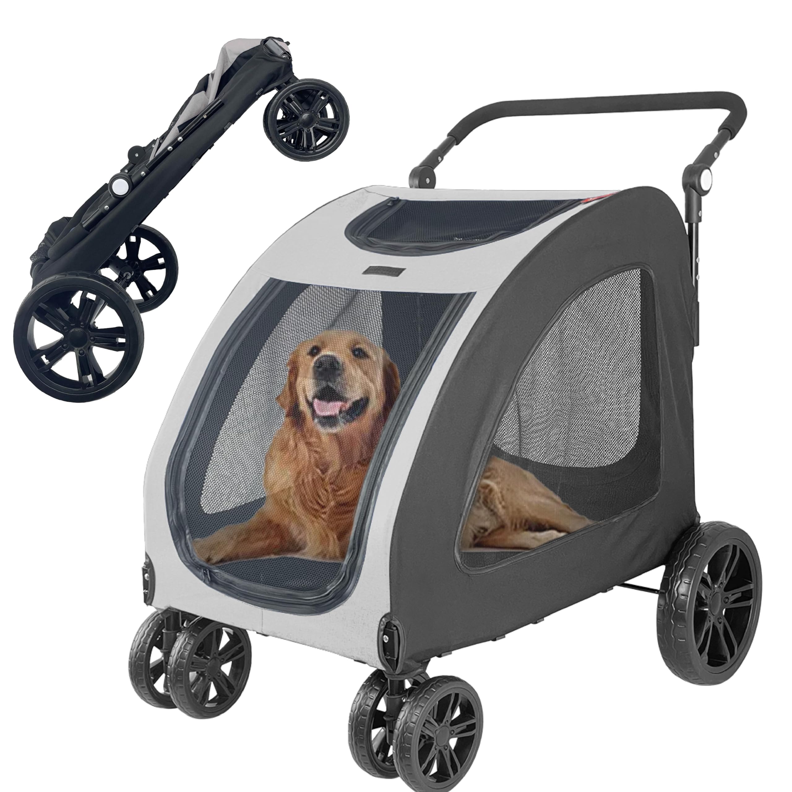Foldable Pet Jogger Stroller for Large Dogs up to 110 lbs - Universal Wheel Dog Carrier for Single or Multiple Medium & Large Breed Dogs (Grey) - Perfect for Outdoor Walks, Jogging, Shopping & Travel