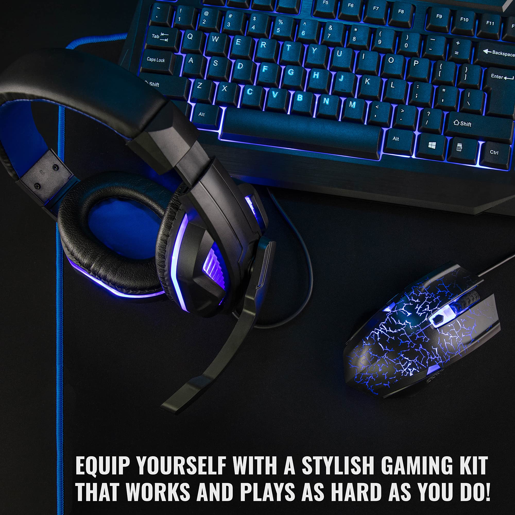 RitzGear Blue Gaming Keyboard and Mouse Combo with LED Backlit, Mouse Pad & Headset - 4-in-1 PC Gaming Accessories Set for Windows 10/11, Mac, Xbox, PS4 - Perfect for Gaming, Streaming & Office Work