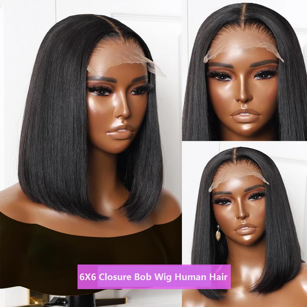 6x6 Human Hair Bob Wig - Glueless Lace Front Wig with Pre-Plucked Hairline & 150% Density - Short Straight Bob Wig in Black (12 Inch) for Women - Perfect for Daily Wear, Parties & Cosplay