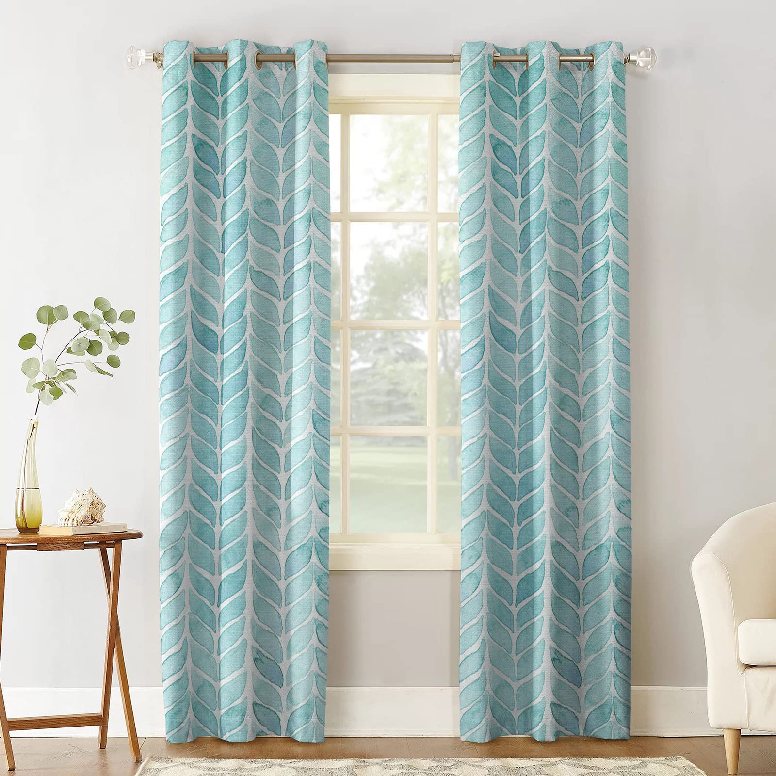 2 Panels Blue Watercolor Leaves 3D Blackout Curtains - 108
