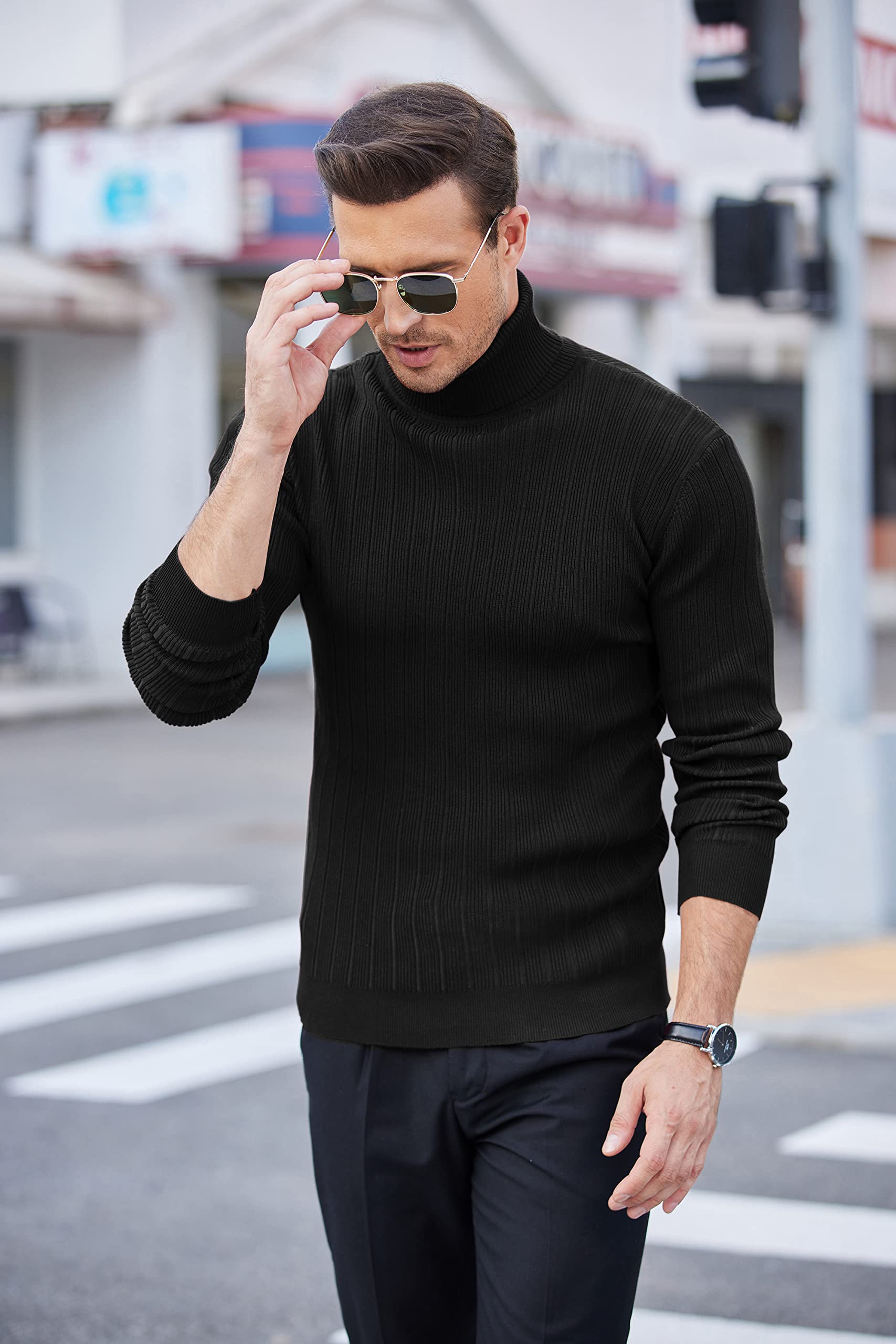 COOFANDY Men's Slim Fit Ribbed Knit Turtleneck Sweater - Winter Warm Pullover for Casual & Business Outfits