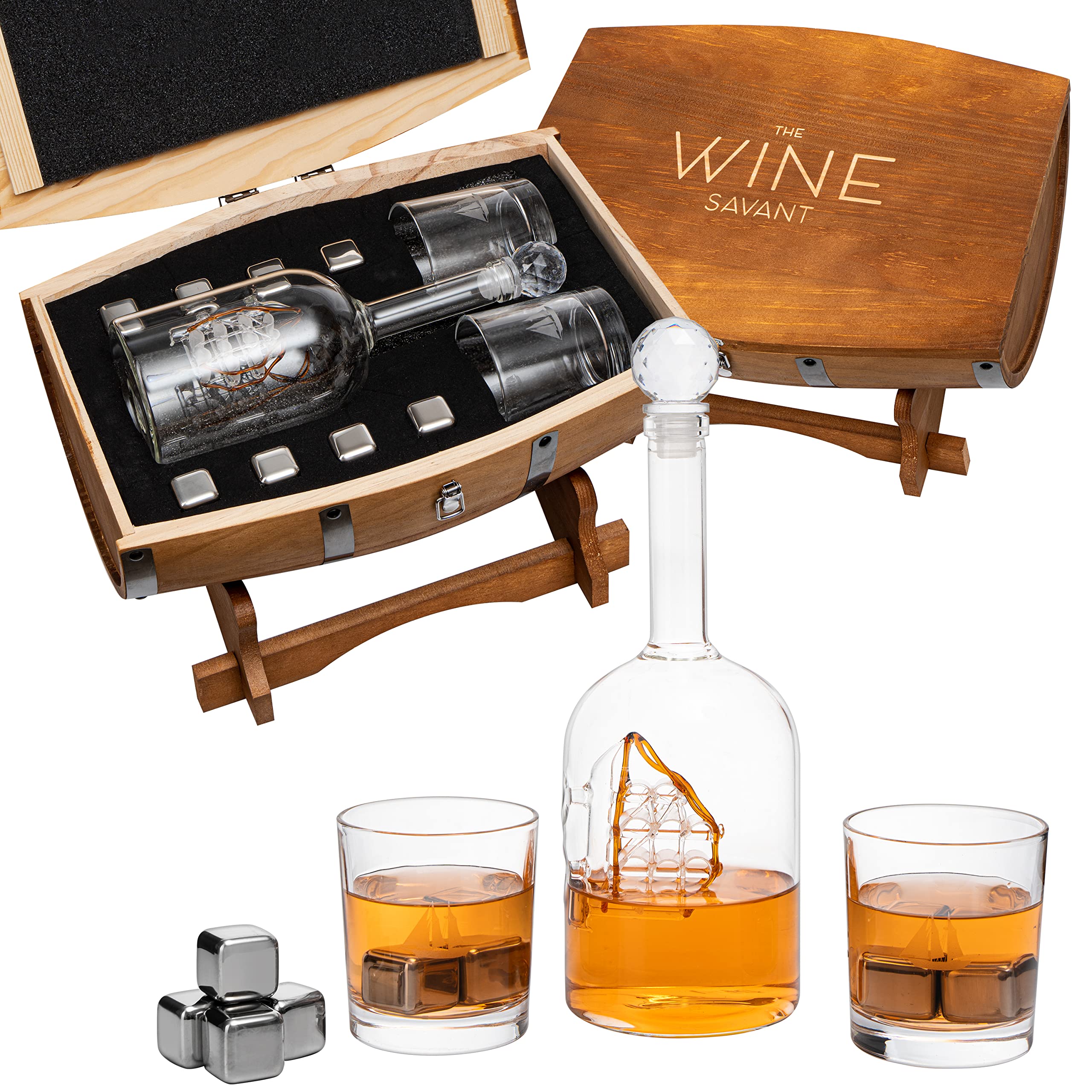 Premium Whiskey Gift Set for Men - Handcrafted Wooden Decanter Box with 8 Chilling Stones & 2 Glasses | Bourbon & Scotch Accessories | Ideal for Dads, Boyfriends, Anniversary & Birthday Gifts | Home Bar, Man Cave & Office Decor (16