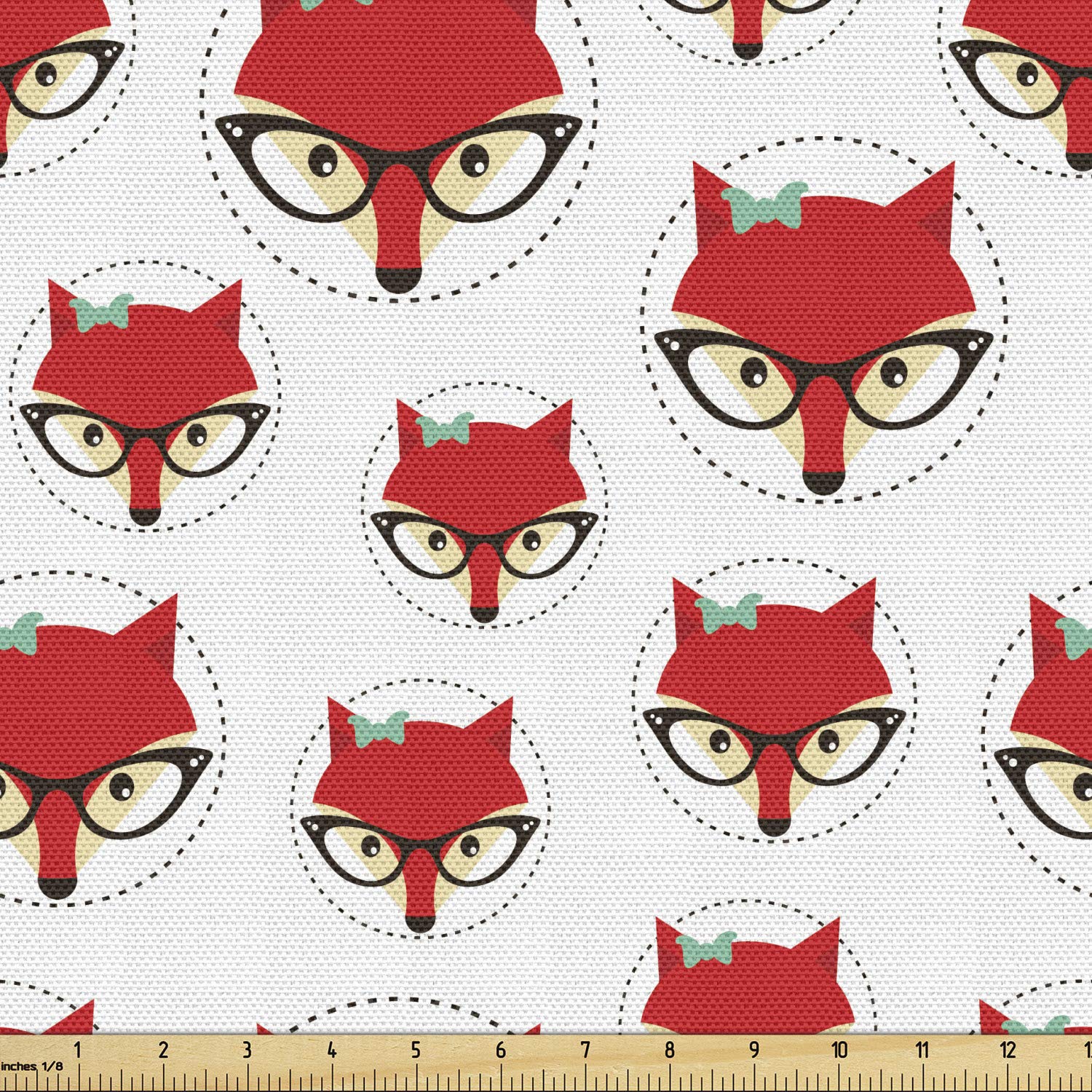 Ambesonne Fox Print Fabric by The Yard - Cartoon Hipster Fox with Glasses in Polka Dot Circle - 10 Yards Upholstery Fabric for Sofa, Curtains & Home Decor (Mint Green/Beige/Red) - Perfect for DIY Pillows, Table Runners & Craft Projects