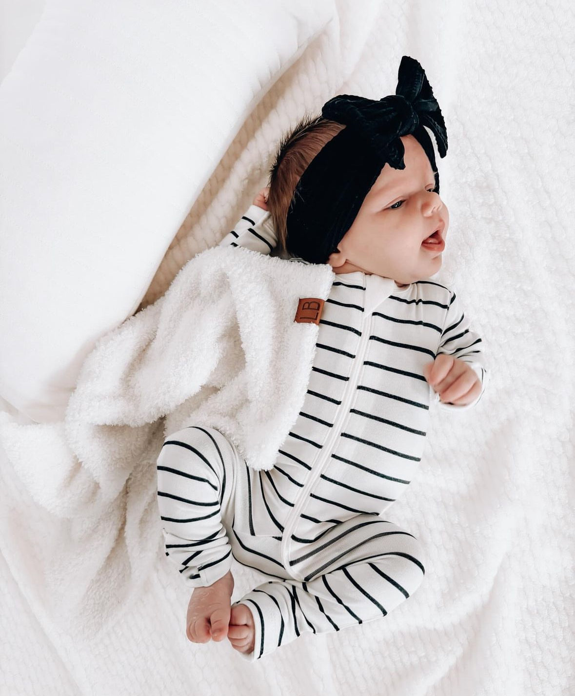 LB x Baby Breez Long Sleeve Pinstripe Romper Pajamas for Boys & Girls - Soft Cotton Sleepwear, White and Black Striped - Perfect for Bedtime, Lounging & Family Photos