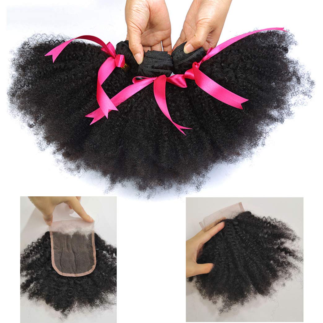 100% Unprocessed Mongolian Afro Kinky Curly Human Hair Bundles with Closure for Black Women - 3 Bundles 4B 4C Virgin Hair Weave (12