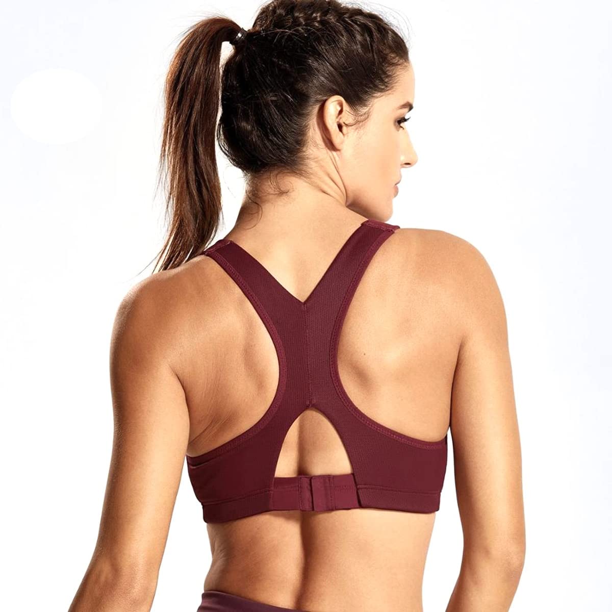 Adjustable Wire-Free Sports Bra for Women - Lightly Padded Racerback High Impact Support (Red Wine, Size 36D) - Perfect for Running, Gym Workouts & High-Intensity Training