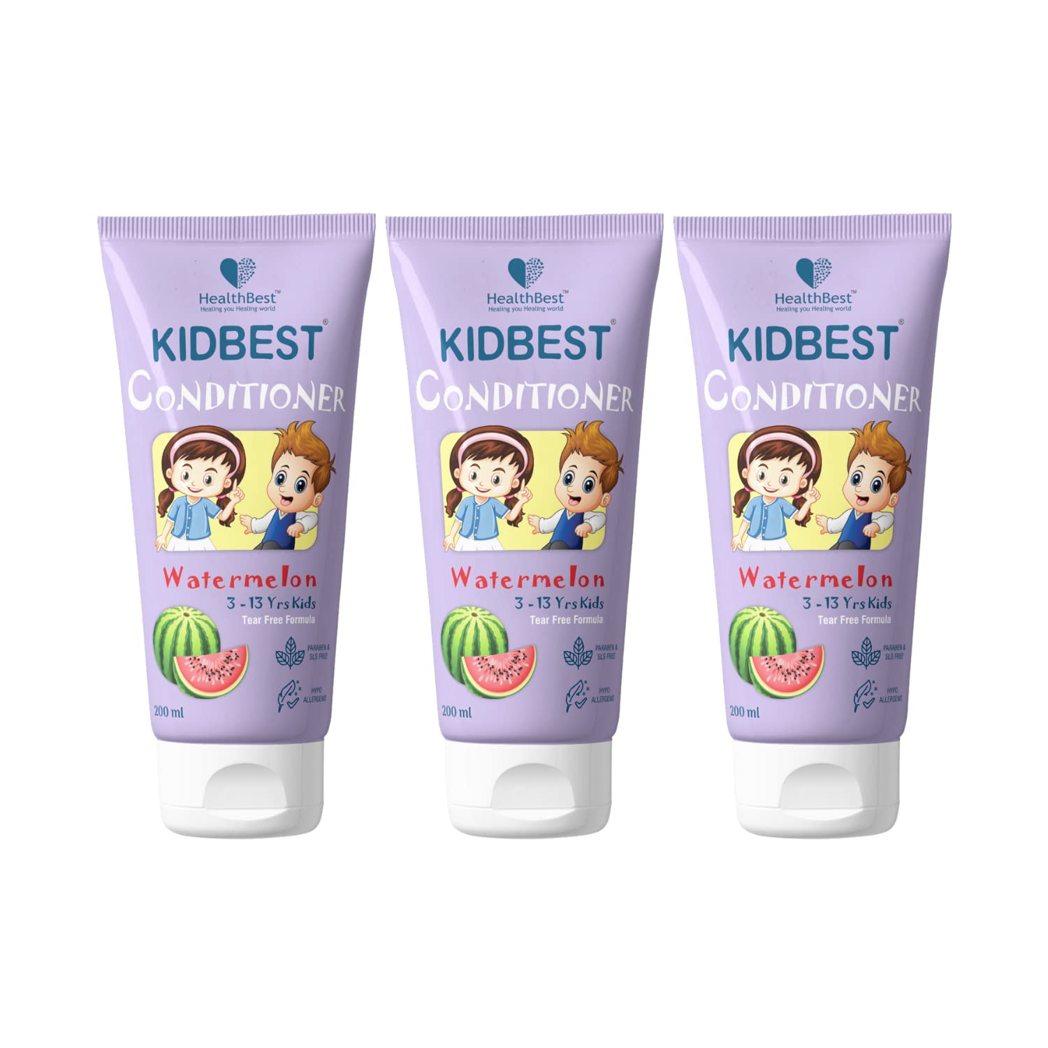 HealthBest Kidbest Natural Kids Hair Conditioner for Ages 3-13 Years | 200ml per Bottle (3-Pack) | Gentle Daily Use for Soft, Tangle-Free Hair