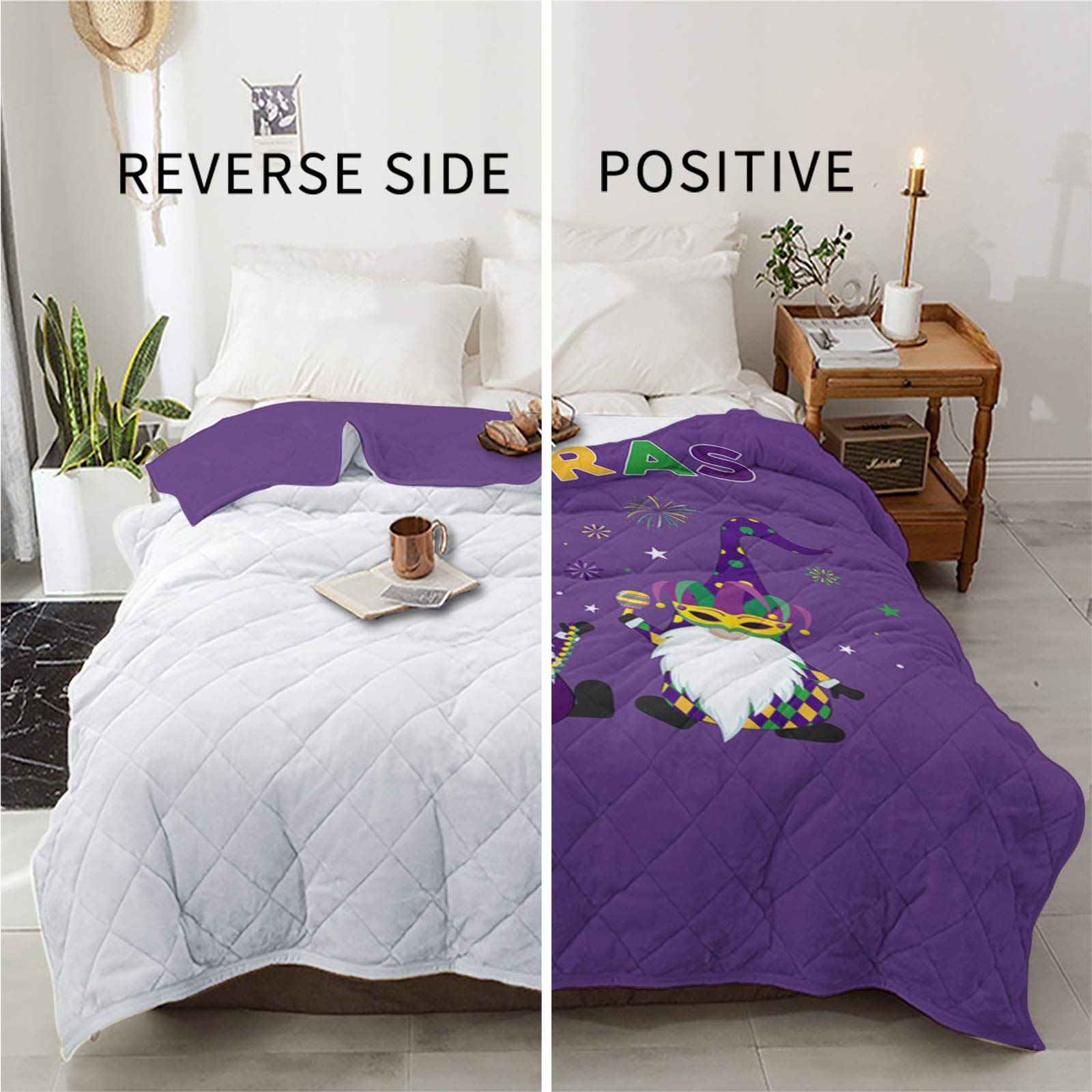 Soft Breathable Cotton Quilted Comforter - Happy Mask Gnomes Design Lightweight All-Season Bedspread | King Size Purple Throw Blanket for Bedroom, Living Room & Mardi Gras Decor