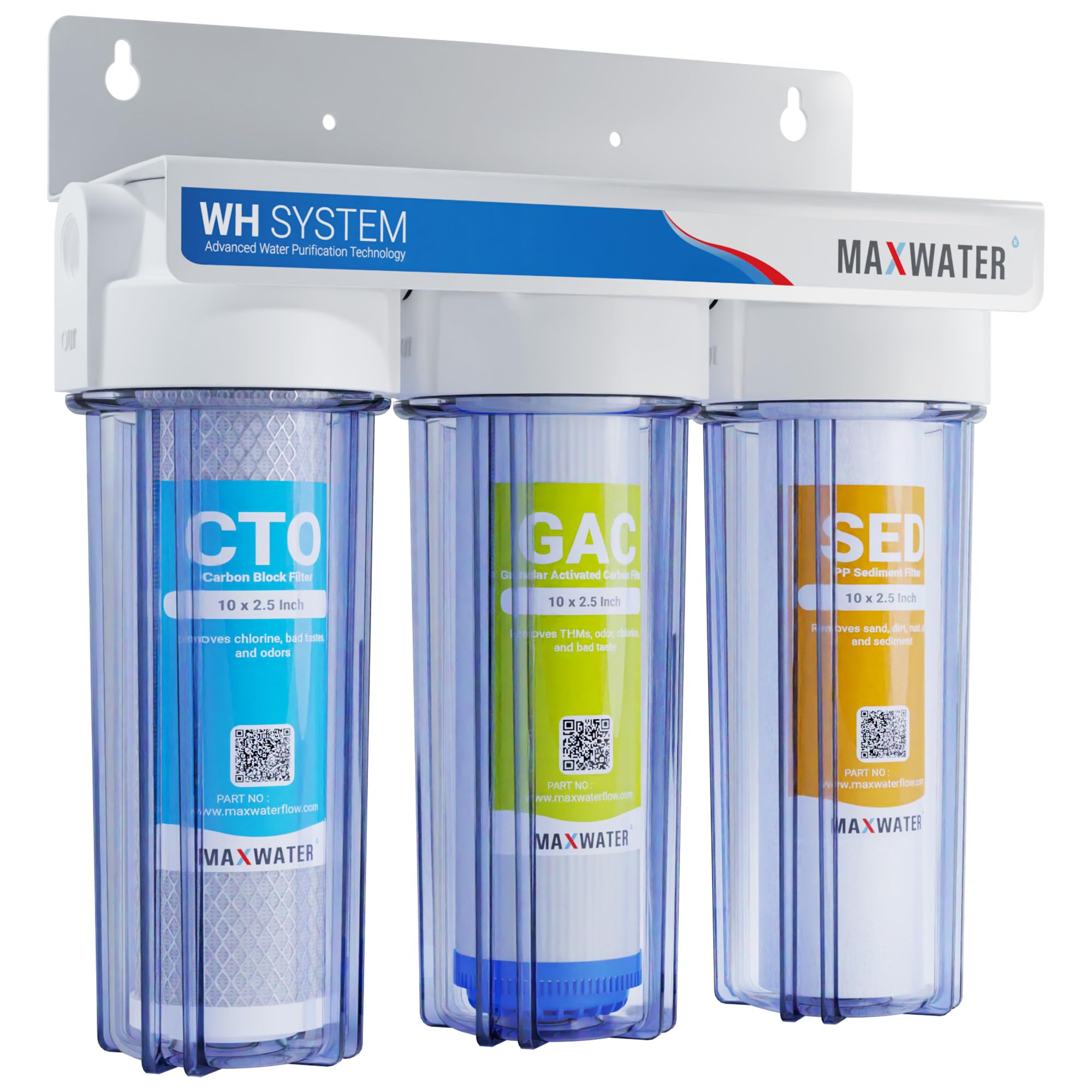 Max Water 3-Stage Whole House Water Filtration System - 10 Inch Sediment + GAC + CTO Post Carbon Filter for City Water - ¾