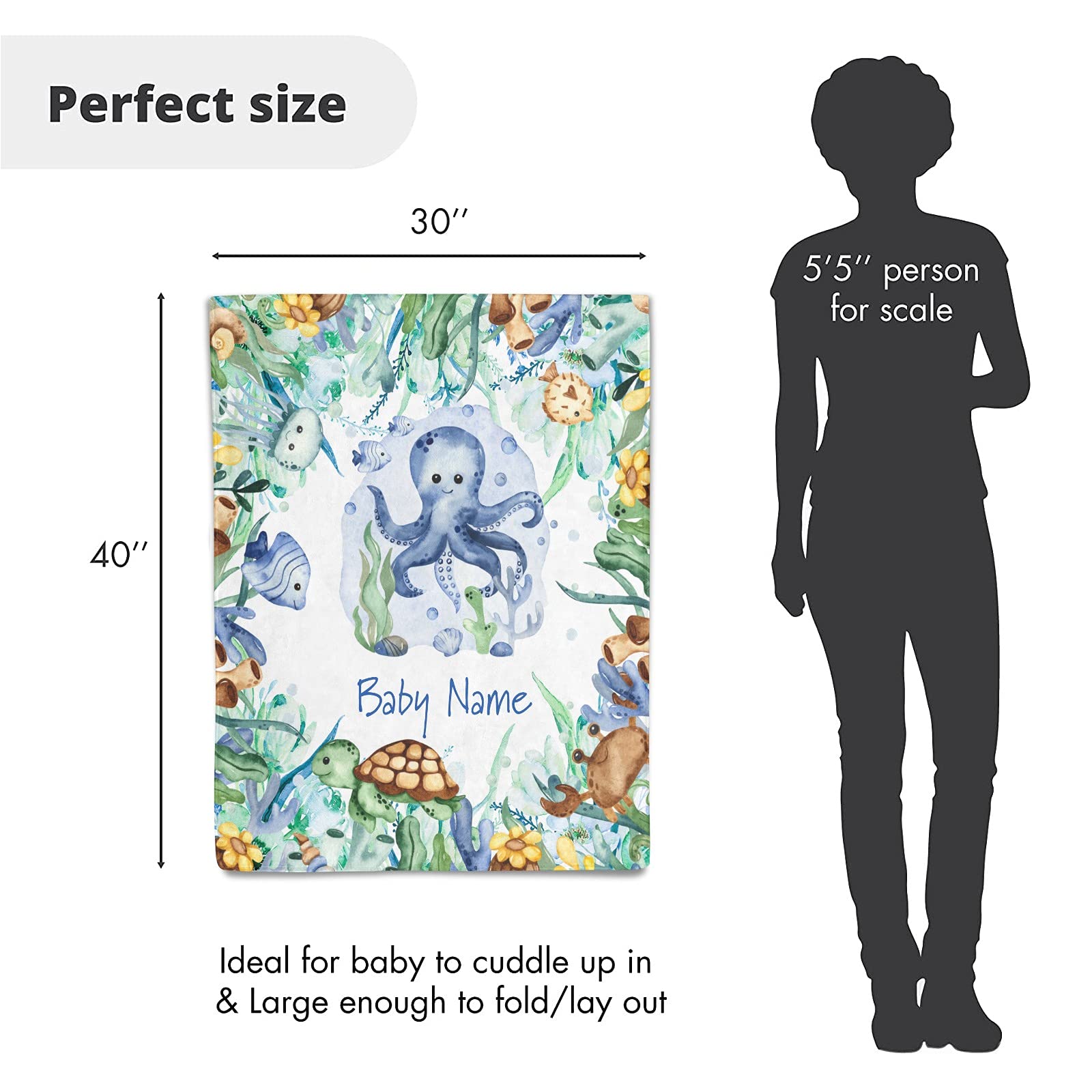 Personalized Baby Fleece Blanket - Custom Name & Birthday Sea Turtle Octopus Design - Super Soft 30x40 Inch Jungle Underwater Theme Blanket for Boys & Girls - Perfect Baby Shower, Newborn Gift & Nursery Decor