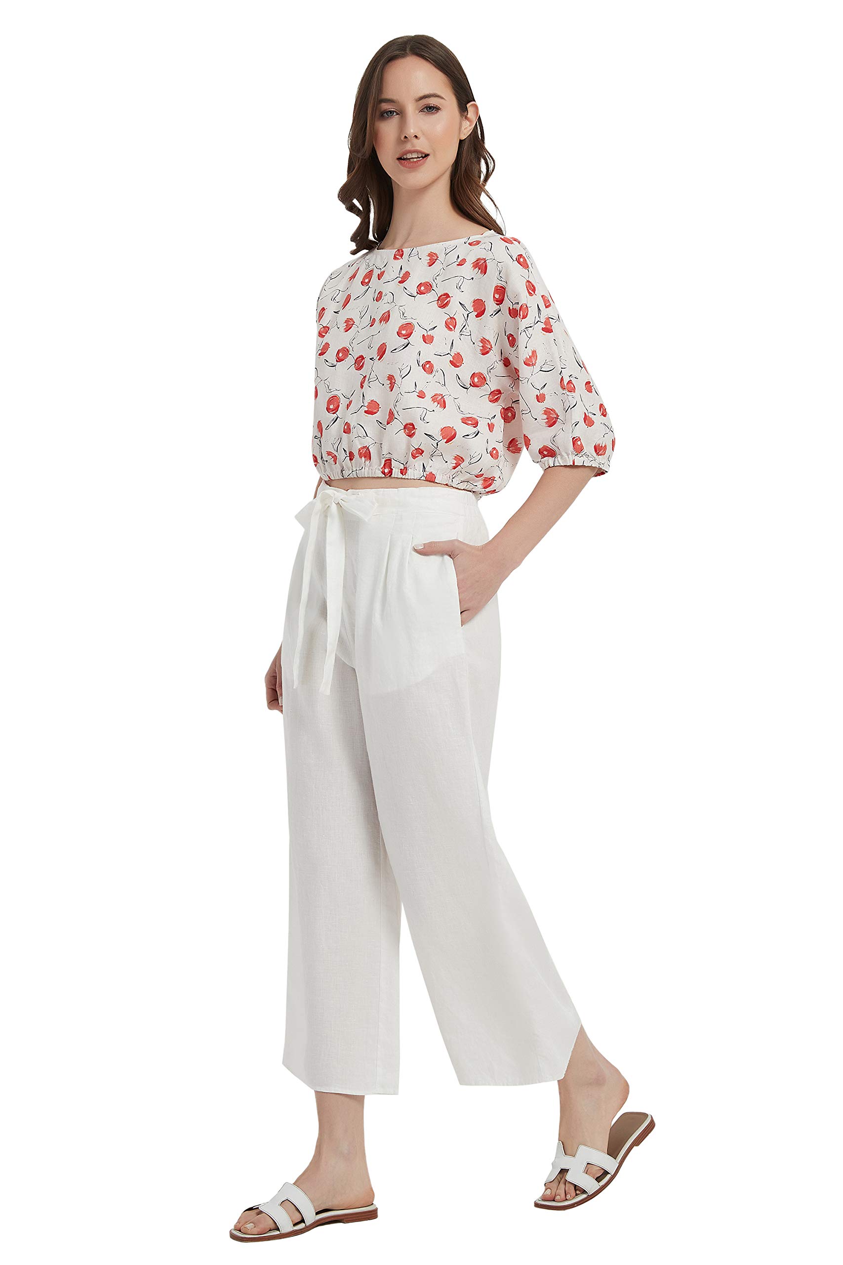 Women's 100% Linen Summer Elastic Waist Wide Leg Cropped Pants with Pockets - Breathable Comfort for Beach, Travel & Casual Outfits