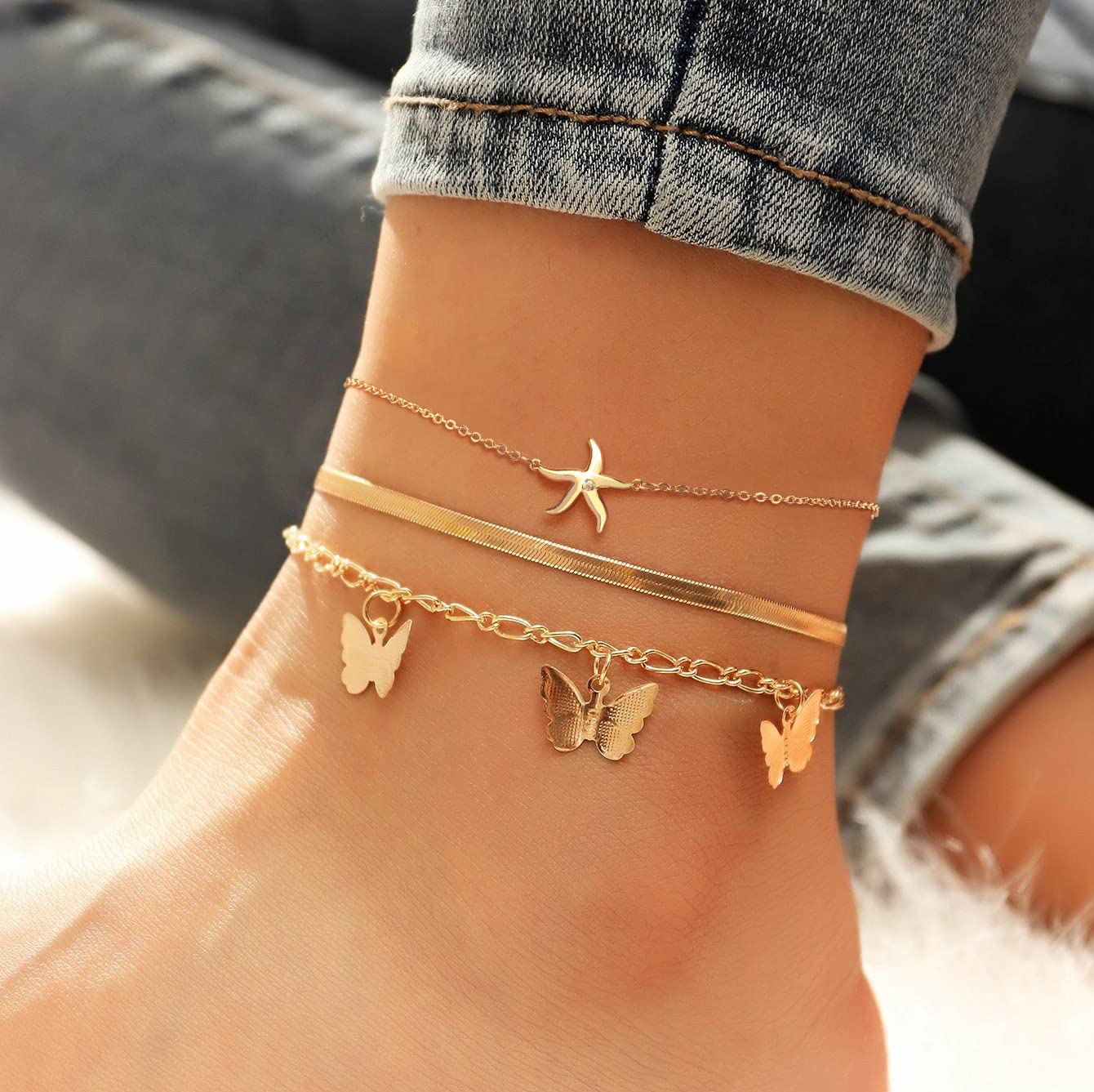 14K Gold Plated Adjustable Cuban Link Ankle Bracelets for Women - Tiny Cute Summer Barefoot Jewelry Gift Set for Beach, Vacation & Everyday Wear
