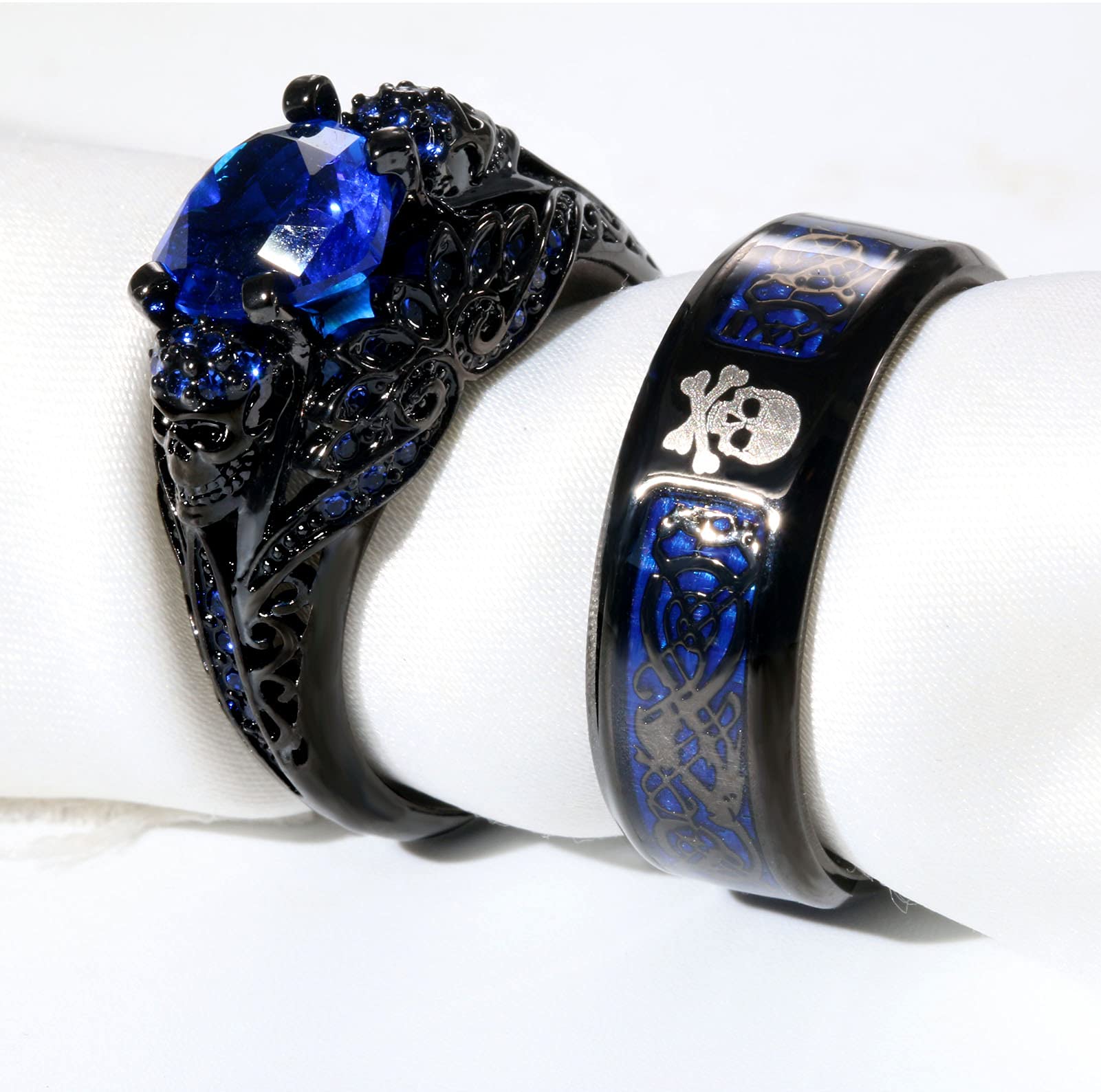 His and Hers Matching Skull Couple Rings - Gothic Punk Titanium Steel Wedding Bands for Men & Women with Heart Red CZ Stones - Perfect for Valentine's Day, Anniversary Gifts, and Alternative Wedding Jewelry