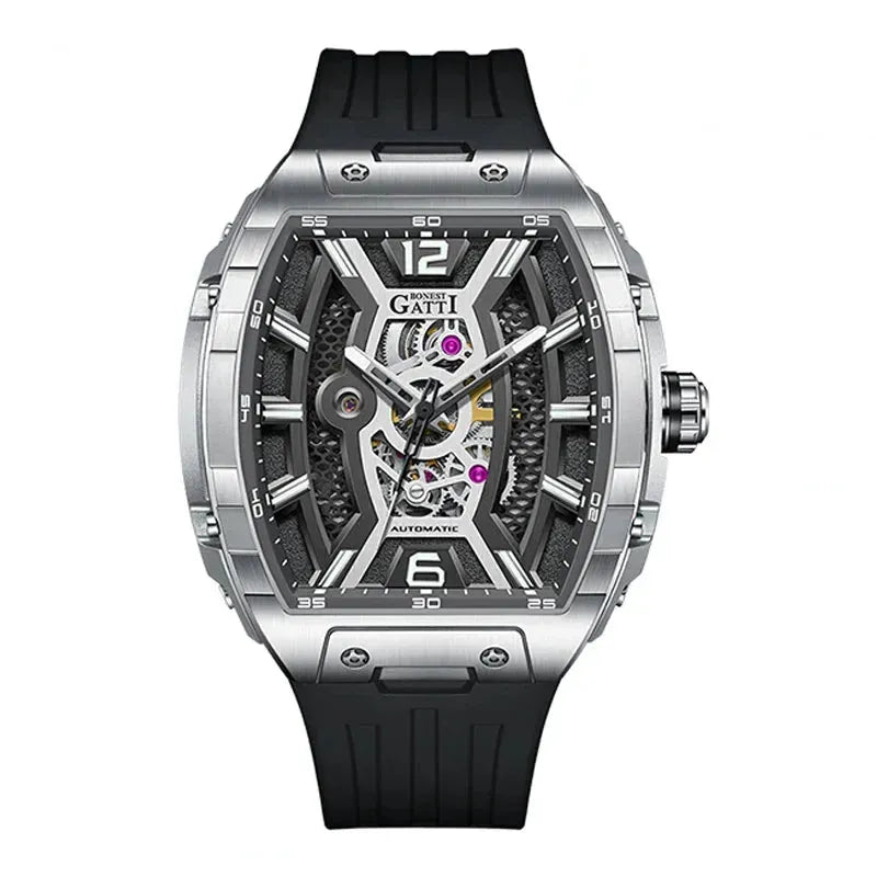 Luxury BONEST GATTI Men's Automatic Mechanical Watch 46MM - Tonneau Case, Sapphire Crystal, Waterproof, Skeleton Dial, Luminous Hands, Viton Strap - Perfect for Business, Formal Events & Gift Giving