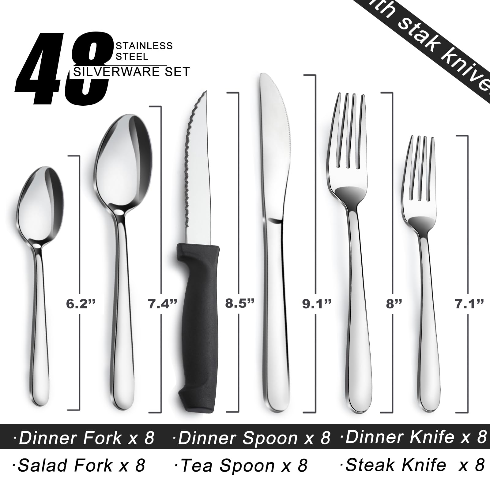 48-Piece Stainless Steel Flatware Set for 8 - Includes Forks, Spoons & Steak Knives - Dishwasher Safe Silverware for Home & Restaurant Use - Perfect for Dinner Parties, Weddings & Daily Dining